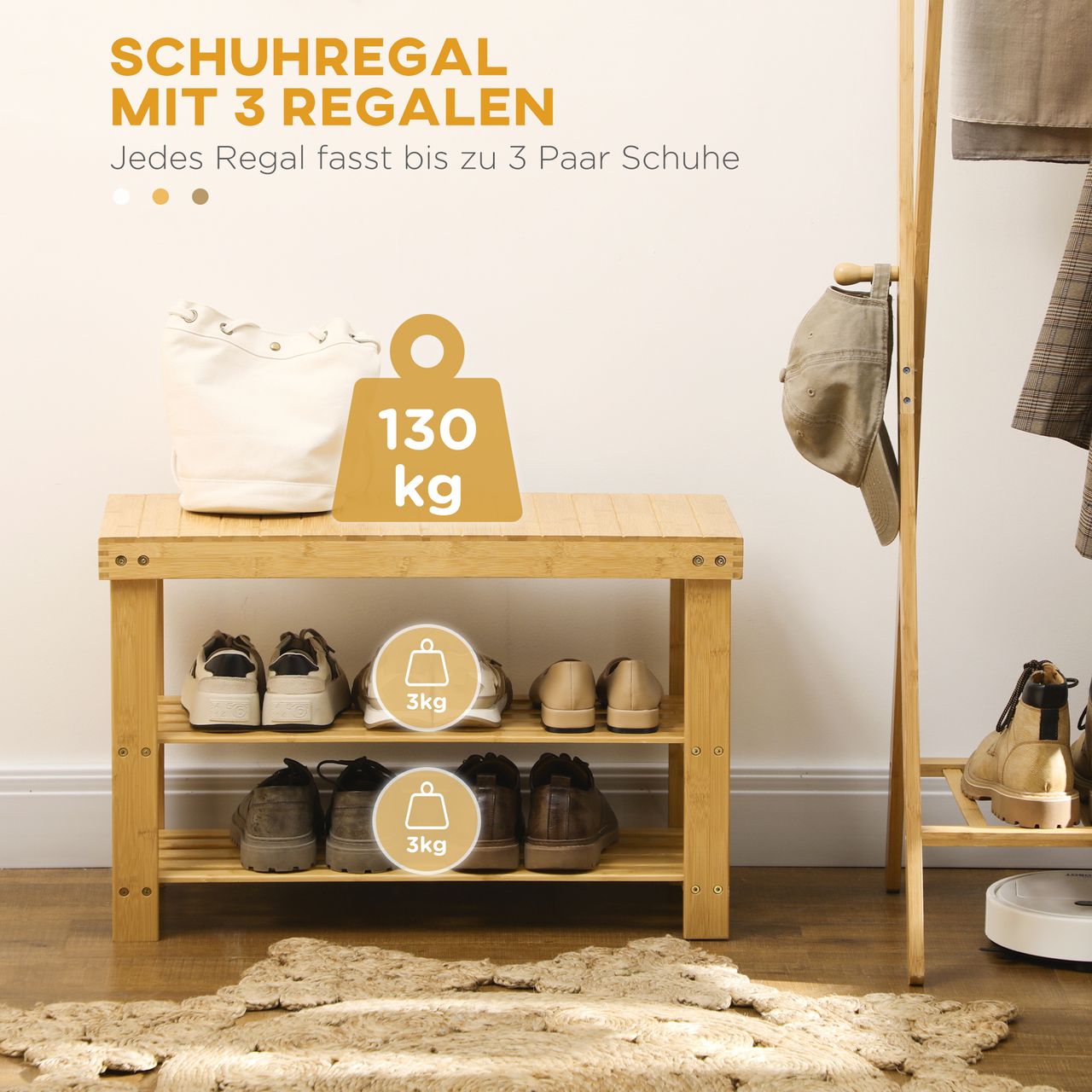HOMCOM Schuhbank, Schuhregal mit 3 Etagen, Sitzbank aus Bambus für 6 Paar Schuhe