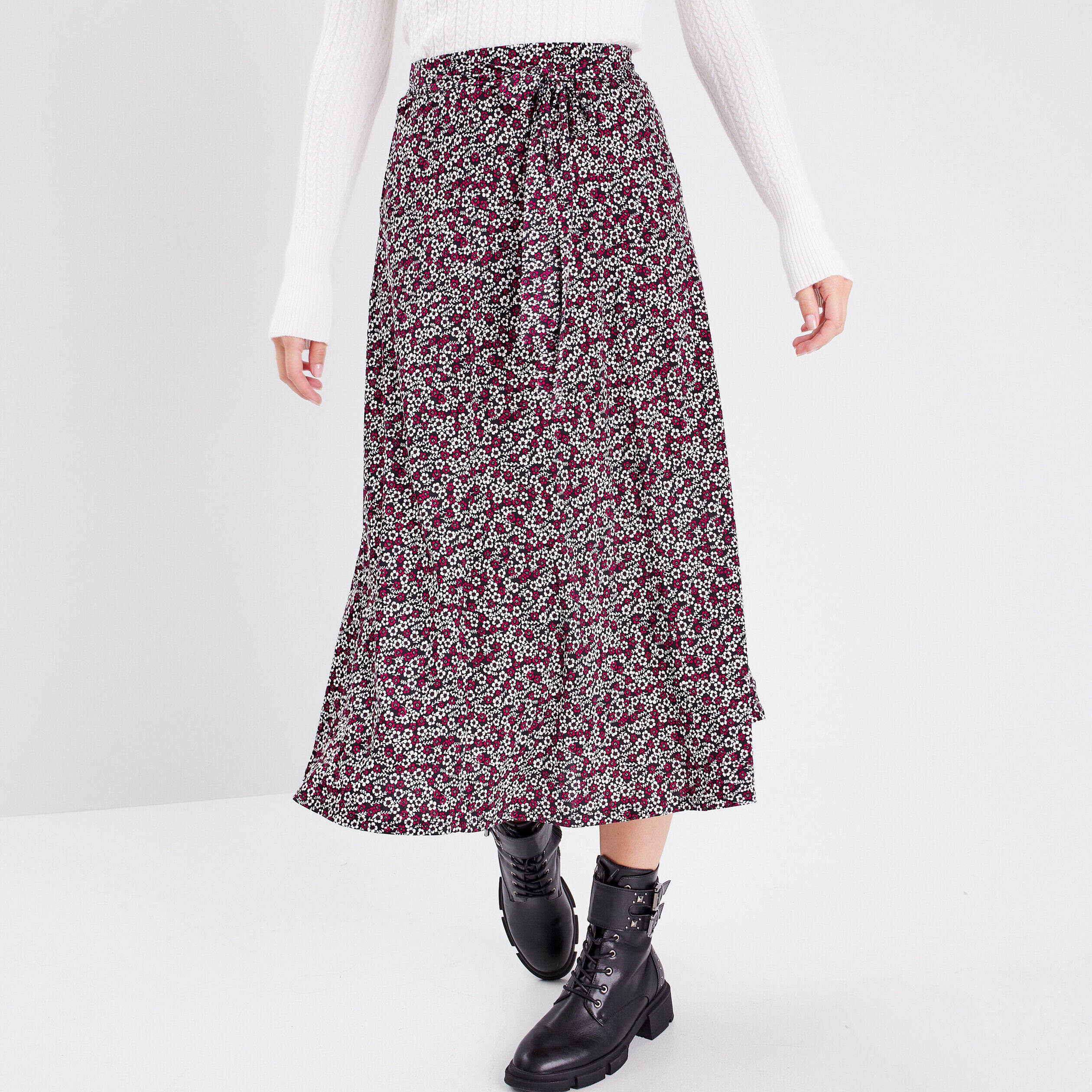 Jupe midi évasée denim noir femme | Cache Cache