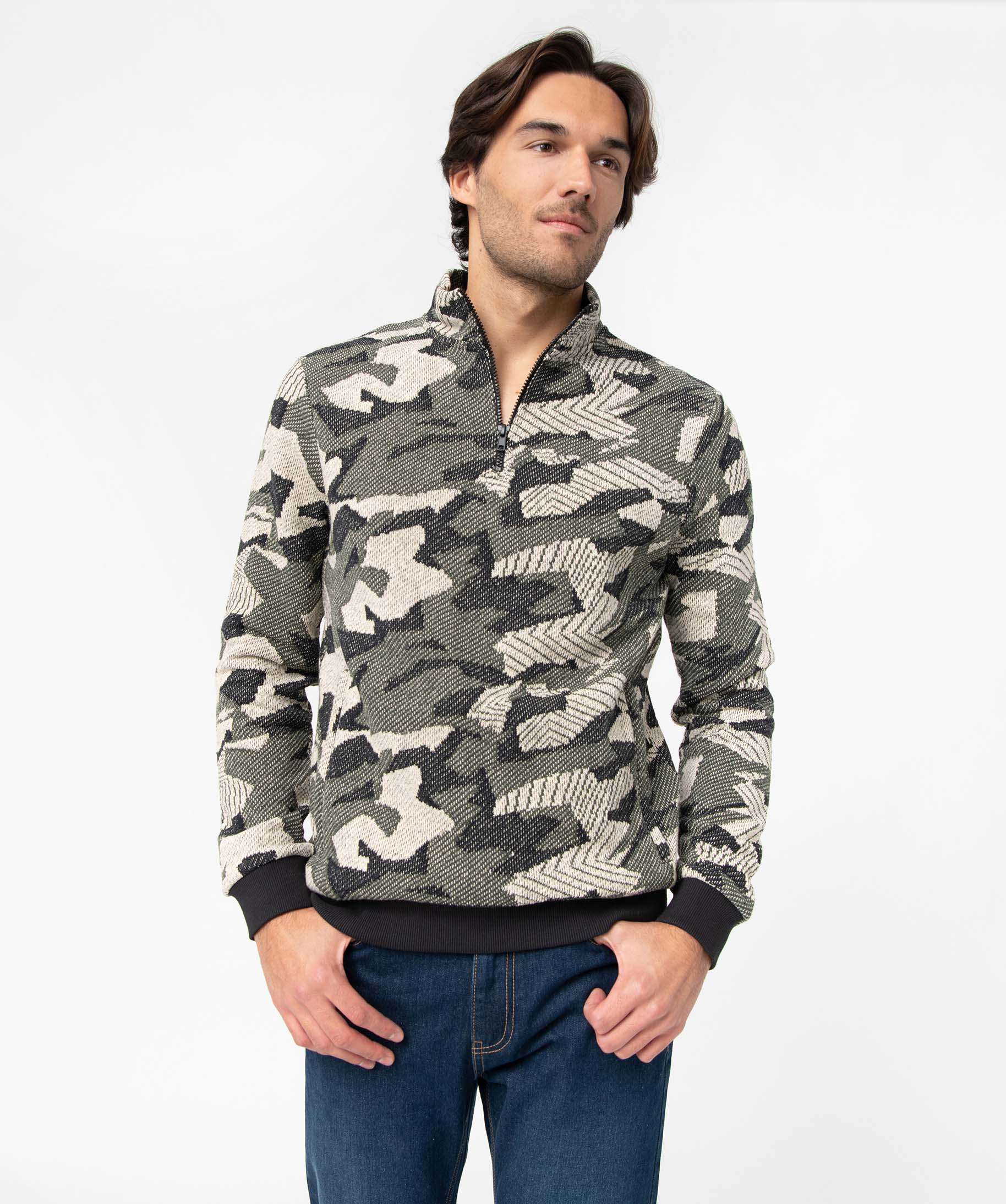 Sweat homme à motif camouflage avec col zippé kaki | GEMO