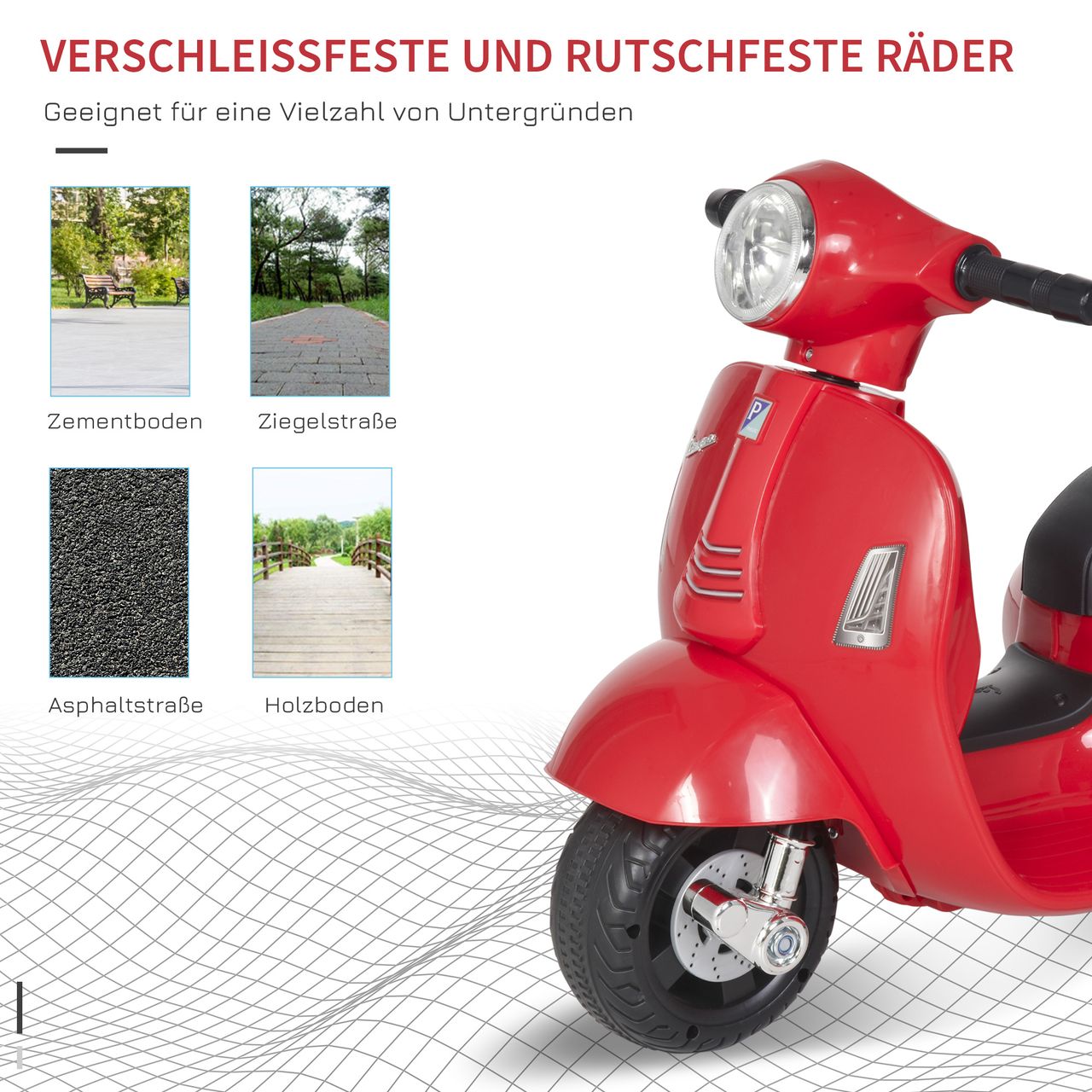 HOMCOM VESPA Elektromotorrad Kindermotorrad Elektrofahrzeug 18-36 Monate 3 km/h LED-Licht Sound PP-kunststoff Metall Rot 66,5 x 38 x 52 cm