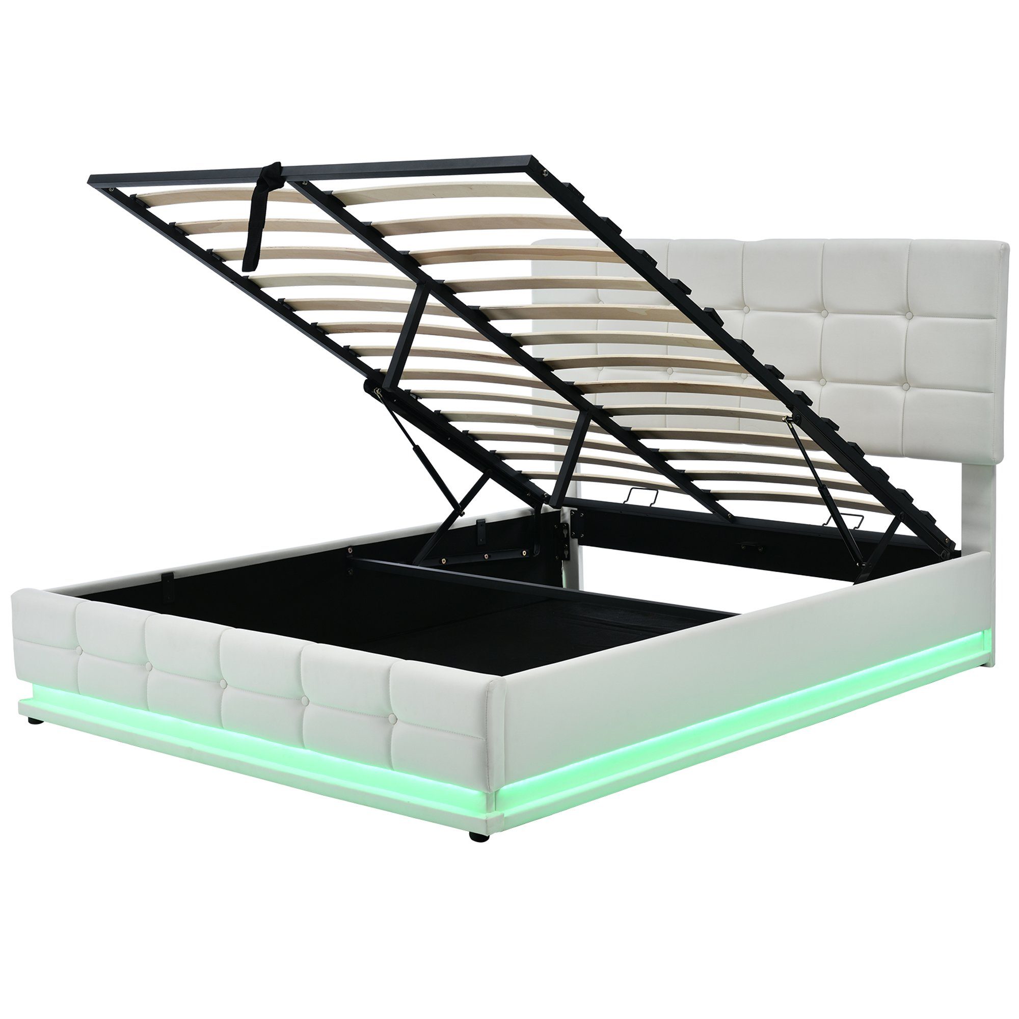 Merax Polsterbett Hydraulisch mit Bettkasten inkl. LED-Beleuchtung, Kunstleder Bezug, Doppelbett 140x200 cm mit Lattenrost, Stauraumbett, Funktionsbett