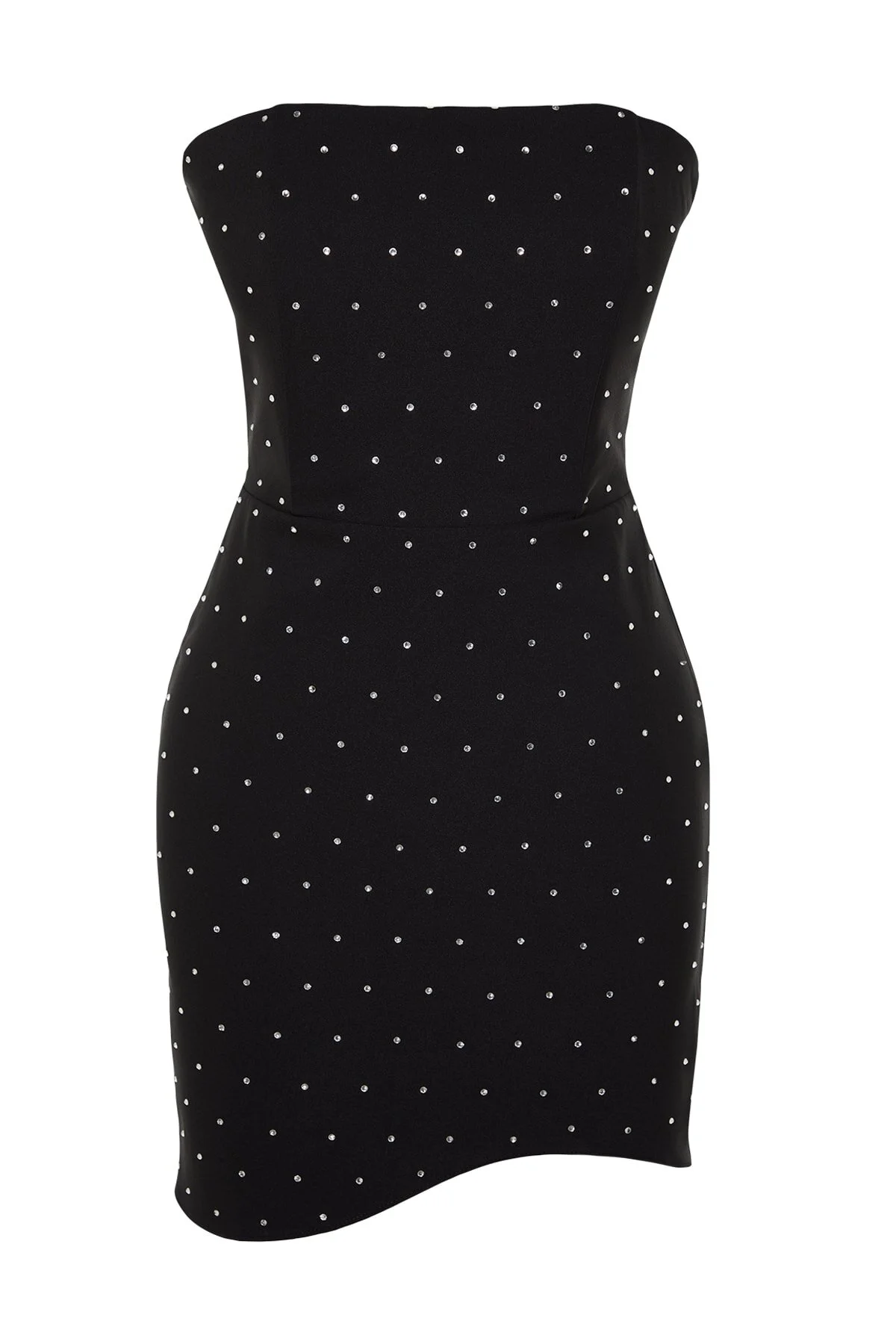 Trendyol Collection  Schwarzes, steinbedrucktes, trägerloses, elegantes Mini-Abendkleid TPRSS23EL00577