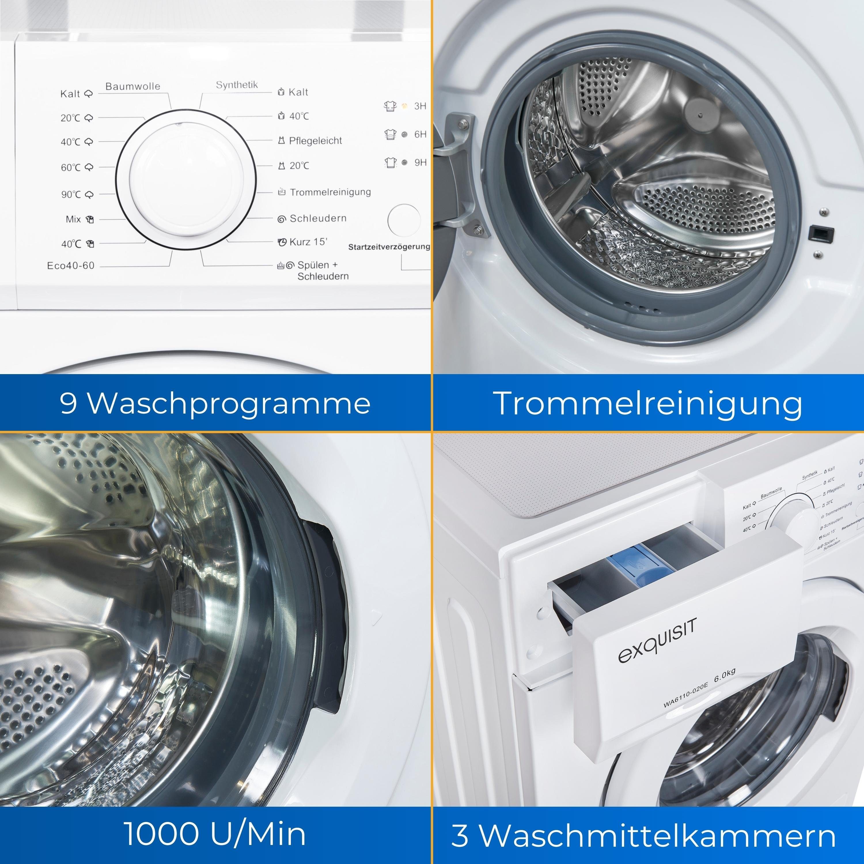 exquisit Waschmaschine WA6110-020E, 6 kg, 1000 U/min, Kindersicherung, Startzeitverzögerung