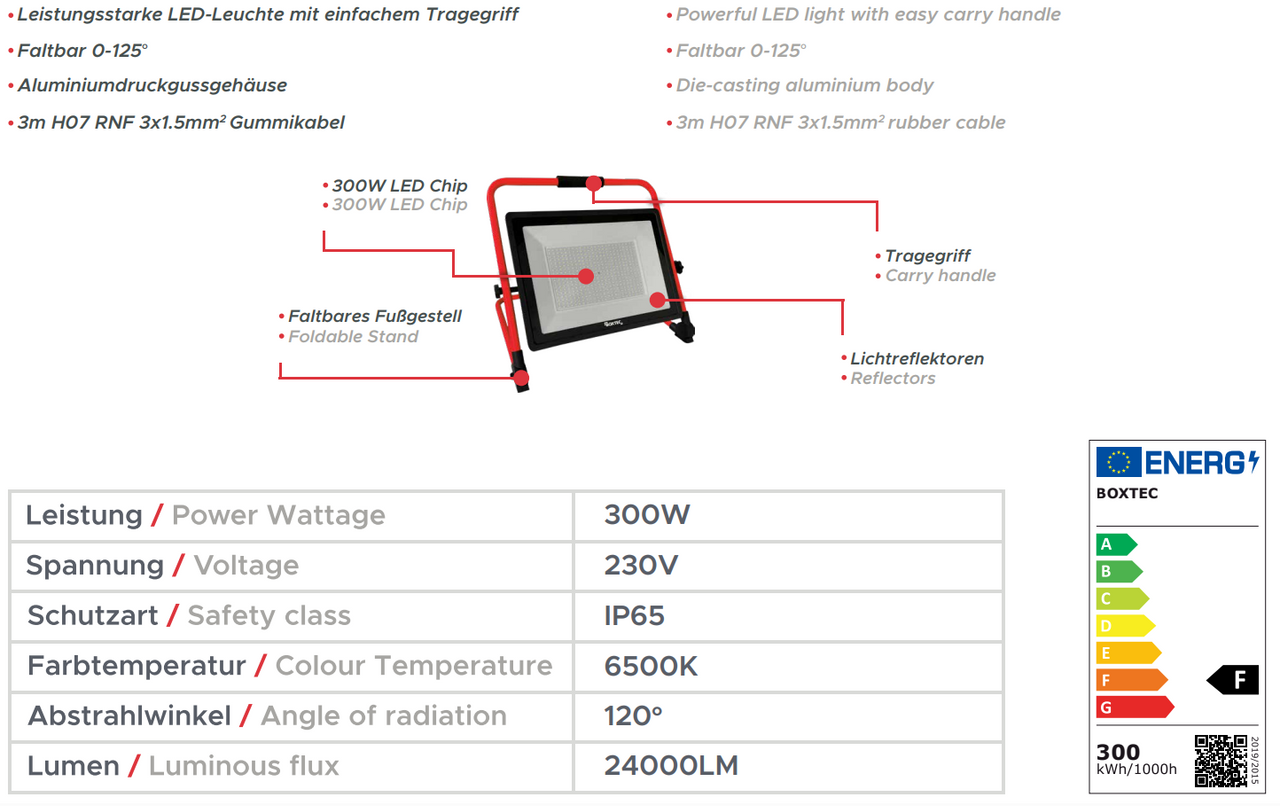 BOXTEC LED Arbeitsleuchte, Baustrahler, verstellbar, faltbar, 300W, 24000lm, 6500K, IP65, 3m Gummikabel