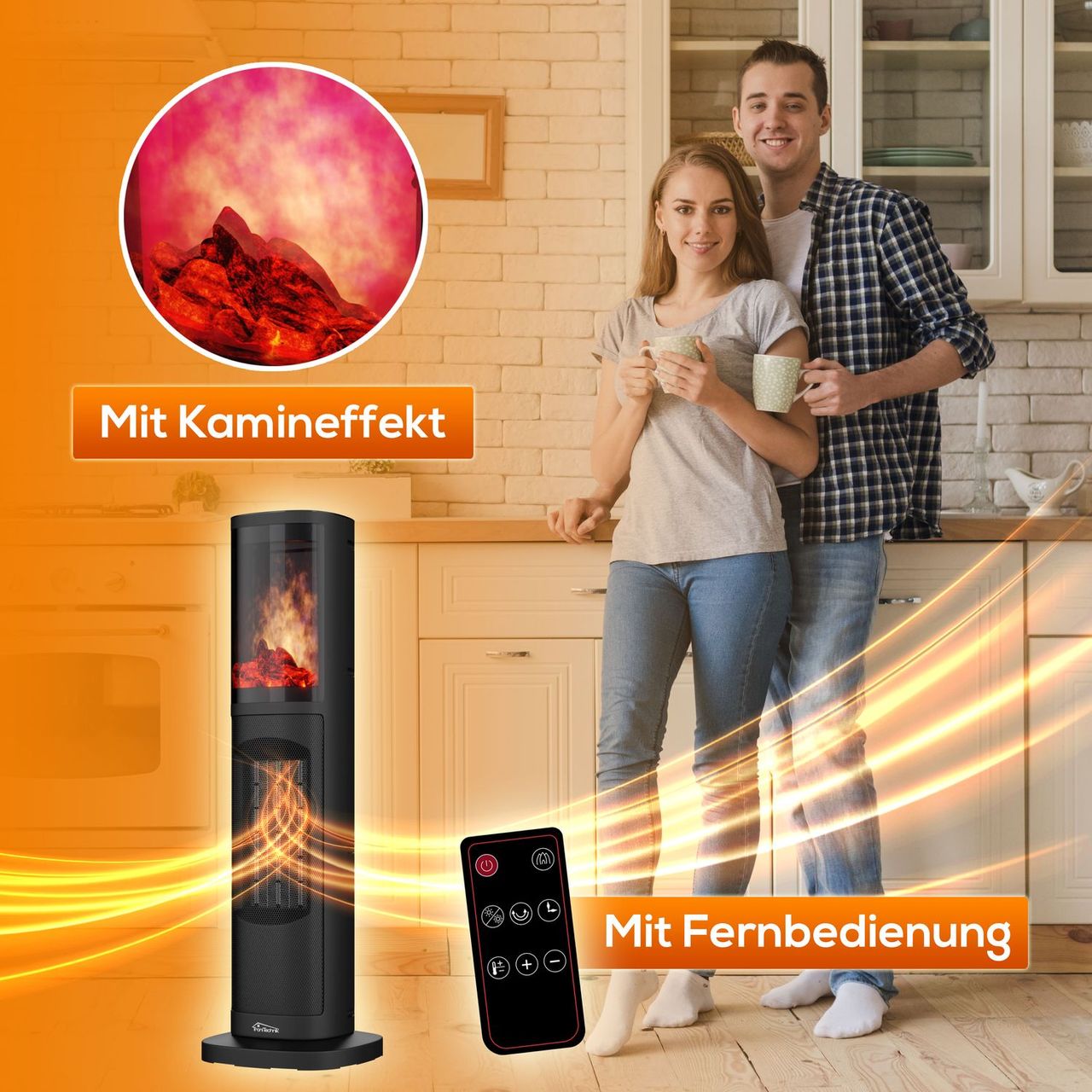 TroniTechnik Turmheizer mit Keramikelement,Heizgerät Flammeneffekt,2000 W, PTC Keramik, Schwarz