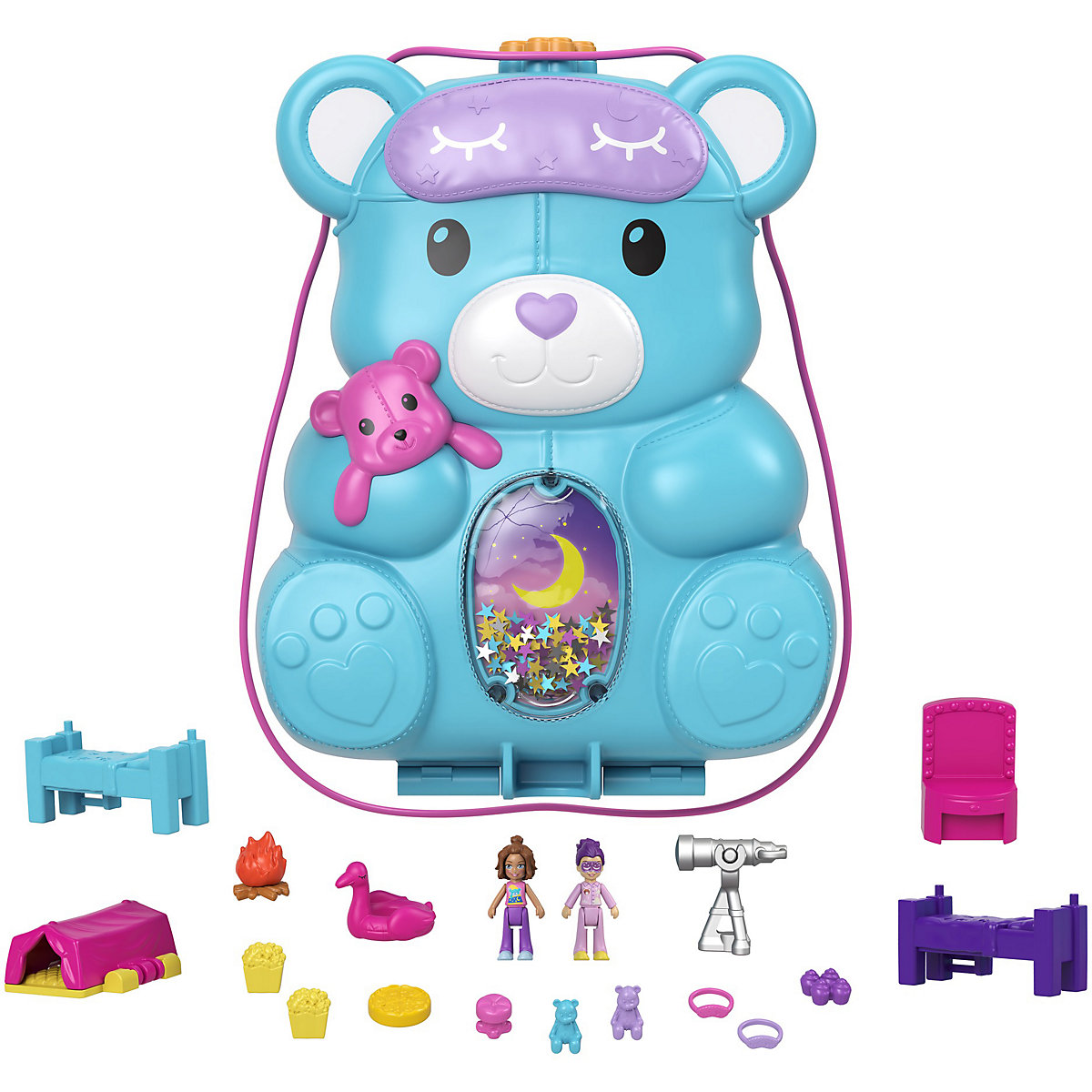 Polly Pocket Sleepover Teddybär-Tasche, inkl. 2 Figuren & Zubehör