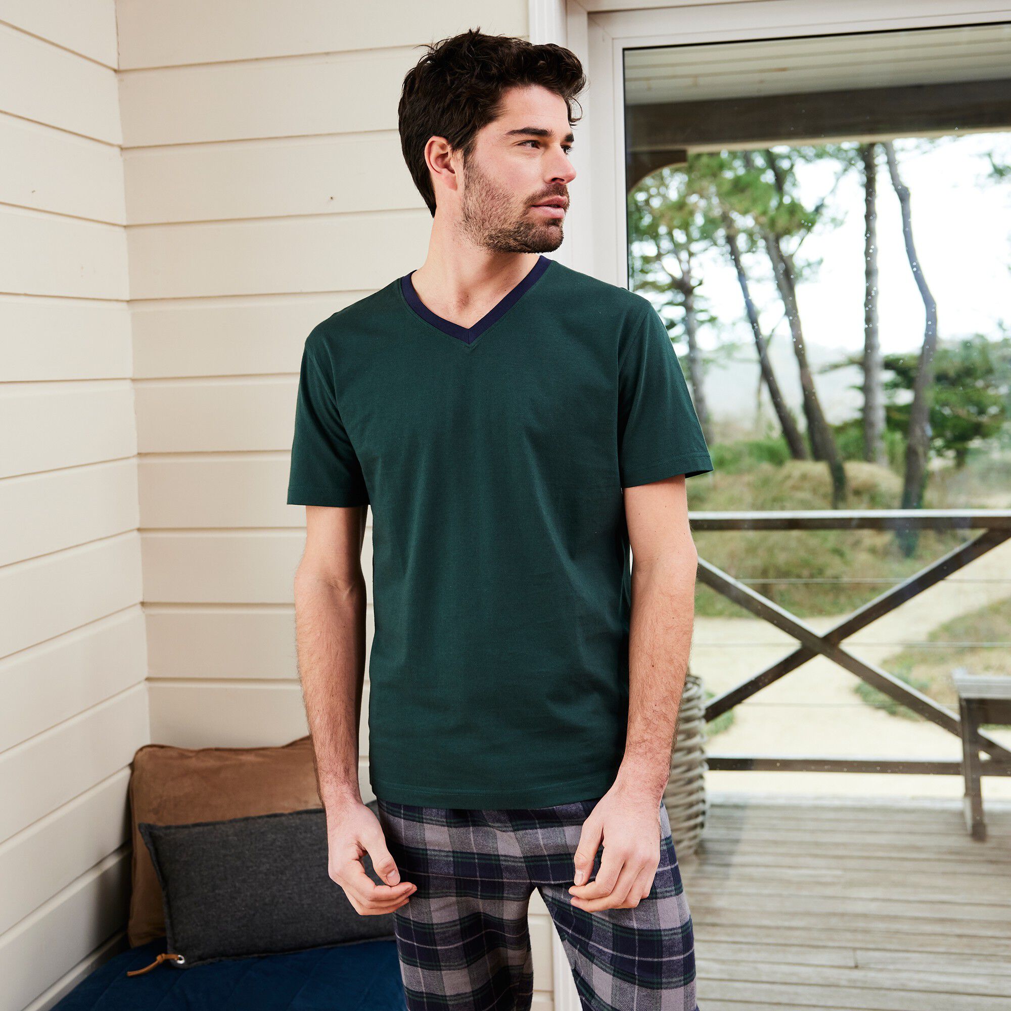 T-shirt pyjama jersey col V manches courtes