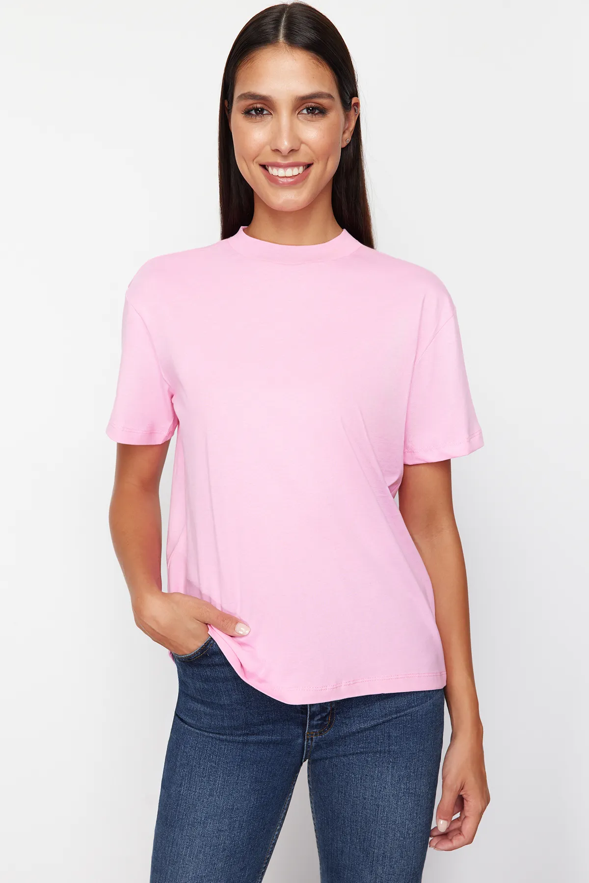 Trendyol Collection  Rosa-schwarzes 2er-Pack 100% Baumwolle Basic Stehkragen Strick TWOSS20TS1500