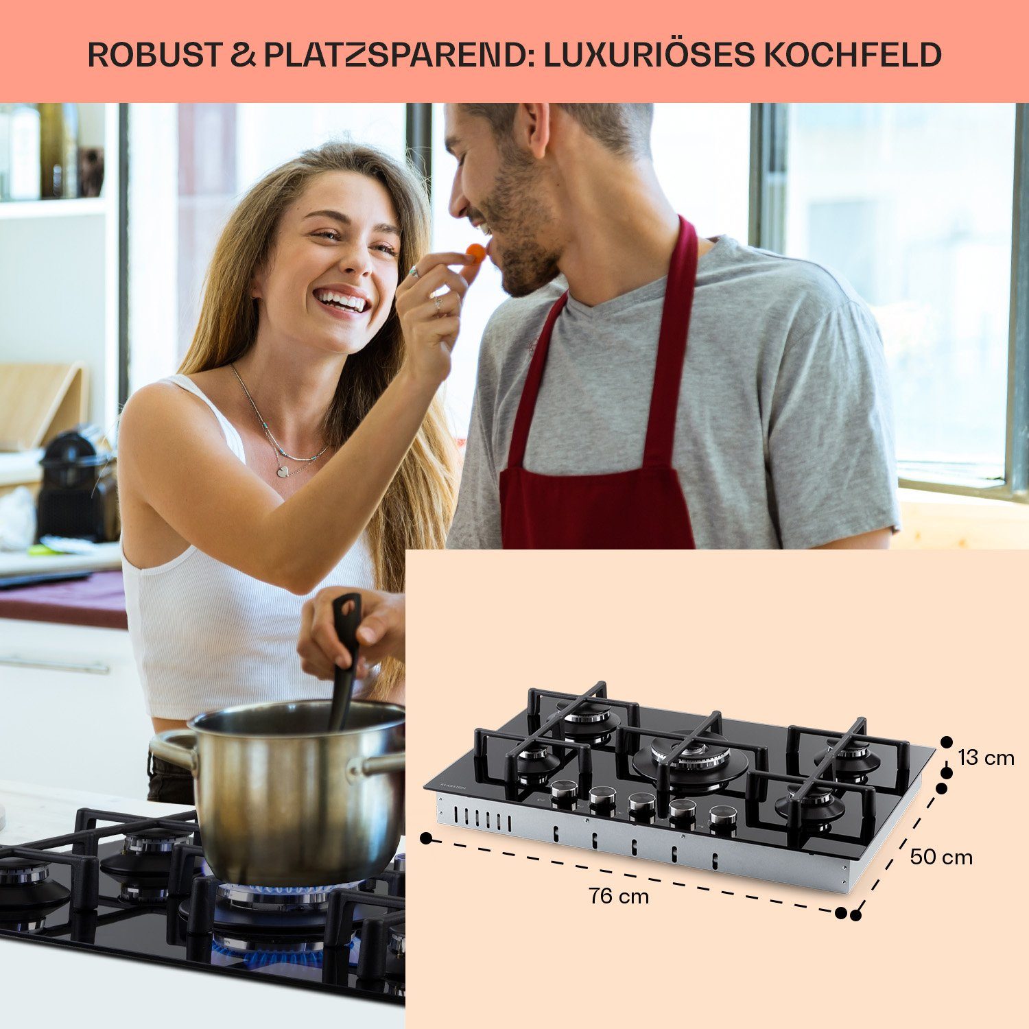 Klarstein Gas-Kochfeld Illuminosa 5 Gaskochfeld 5-flammig Sabaf-Brenner Glaskeramik CGCH6-Illuminosa-5, Gaskochfeld 5 flammen flammig Brenner Kochfeld
