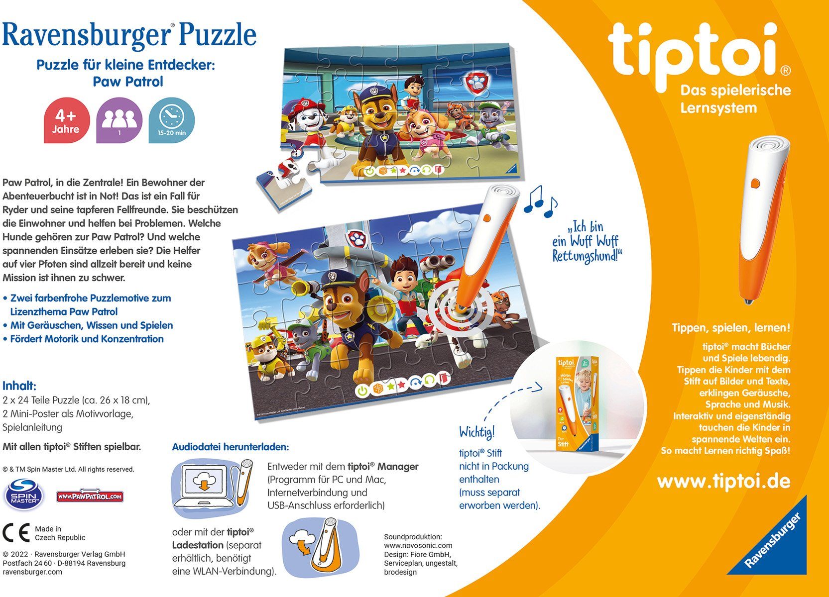 Ravensburger Puzzle tiptoi® Puzzle für kleine Entdecker: Paw Patrol, 24 Puzzleteile, (2 x 24 Teile) Made in Europe, FSC® - schützt Wald - weltweit