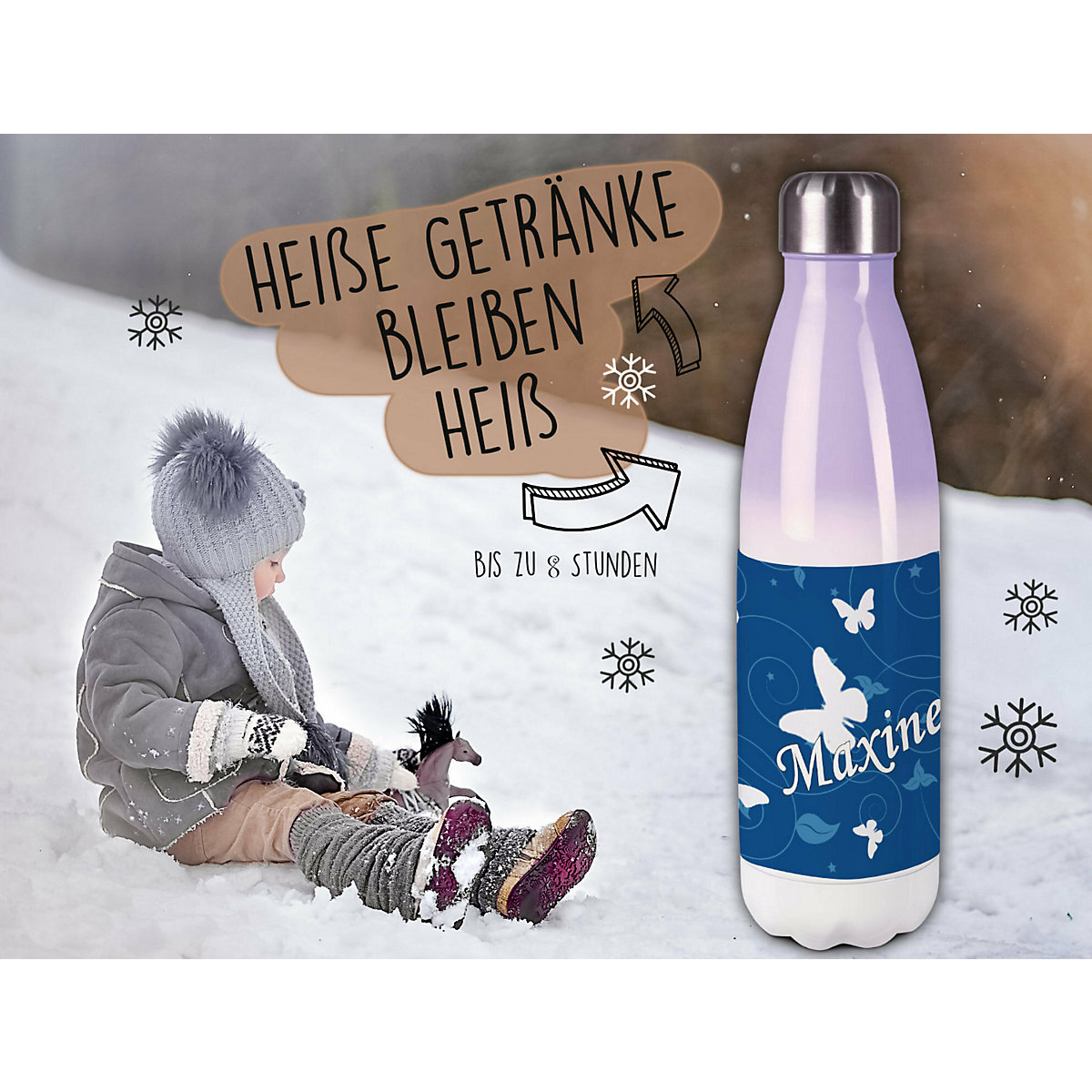 Edelstahl Kinder Thermoflasche / Trinkflasche bunt Schmetterling Ornamente Farbe blau Spülmaschinenfest, Auslaufsicher, Bruchfest, Doppelwandig, Für Heißgetränke geeignet, Mit Deckel, Isoliert
