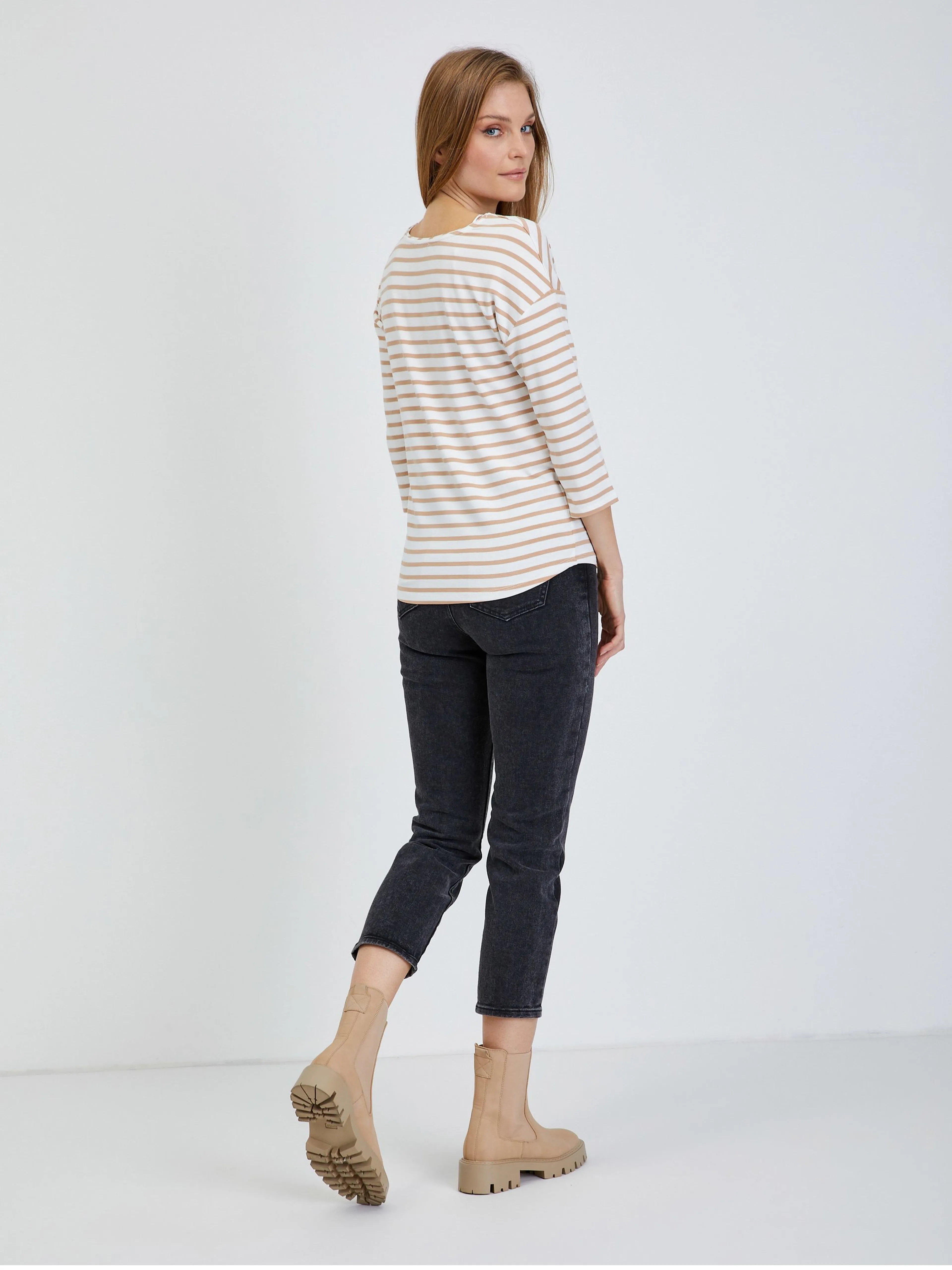 Beige gestreiftes T-Shirt mit Dreiviertel Ärmeln ORSAY
