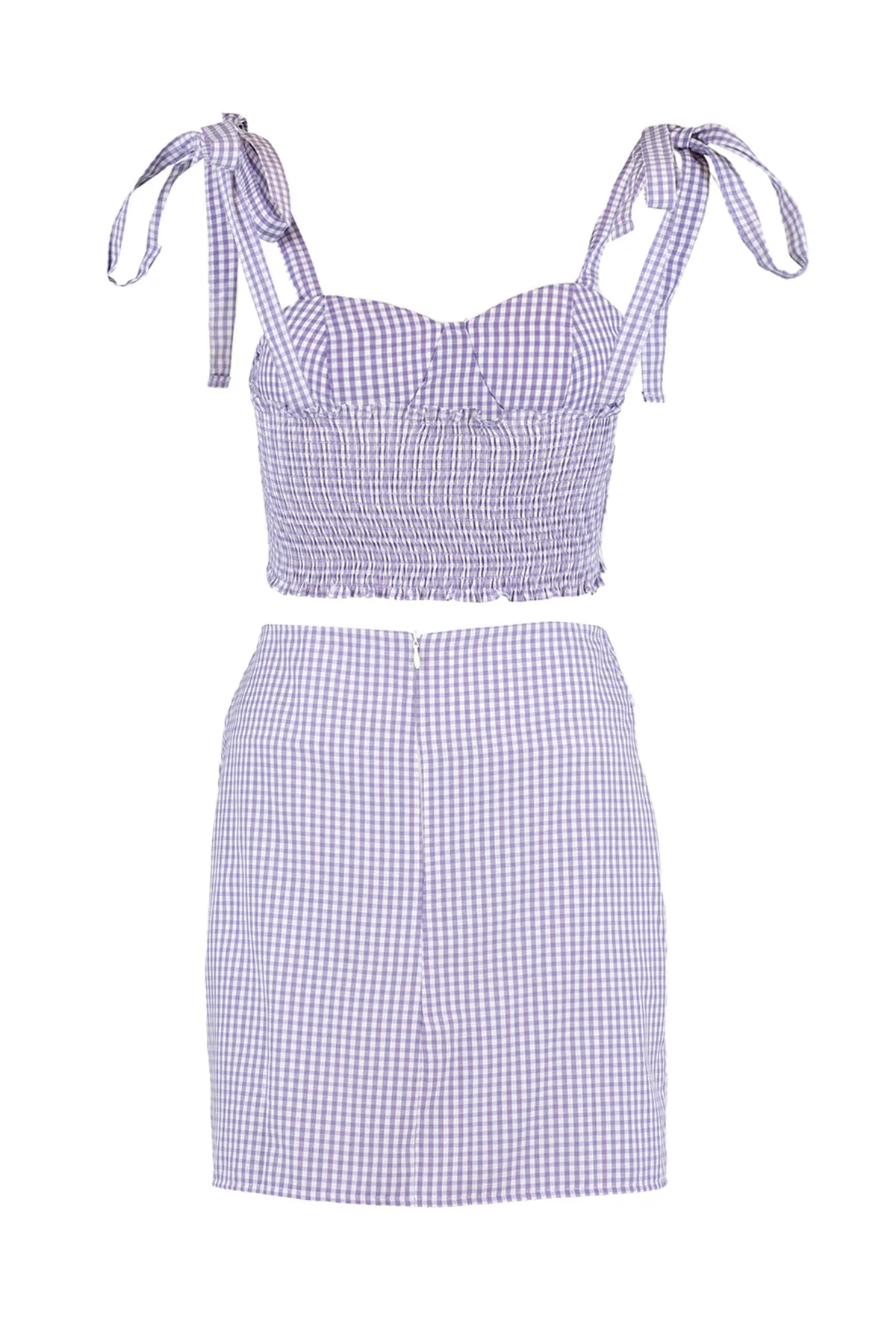 Trendyol Collection  Fliederfarbenes, gewebtes Oberteil und Unterteil mit Gingham-Schnürung TBESS21AU0091