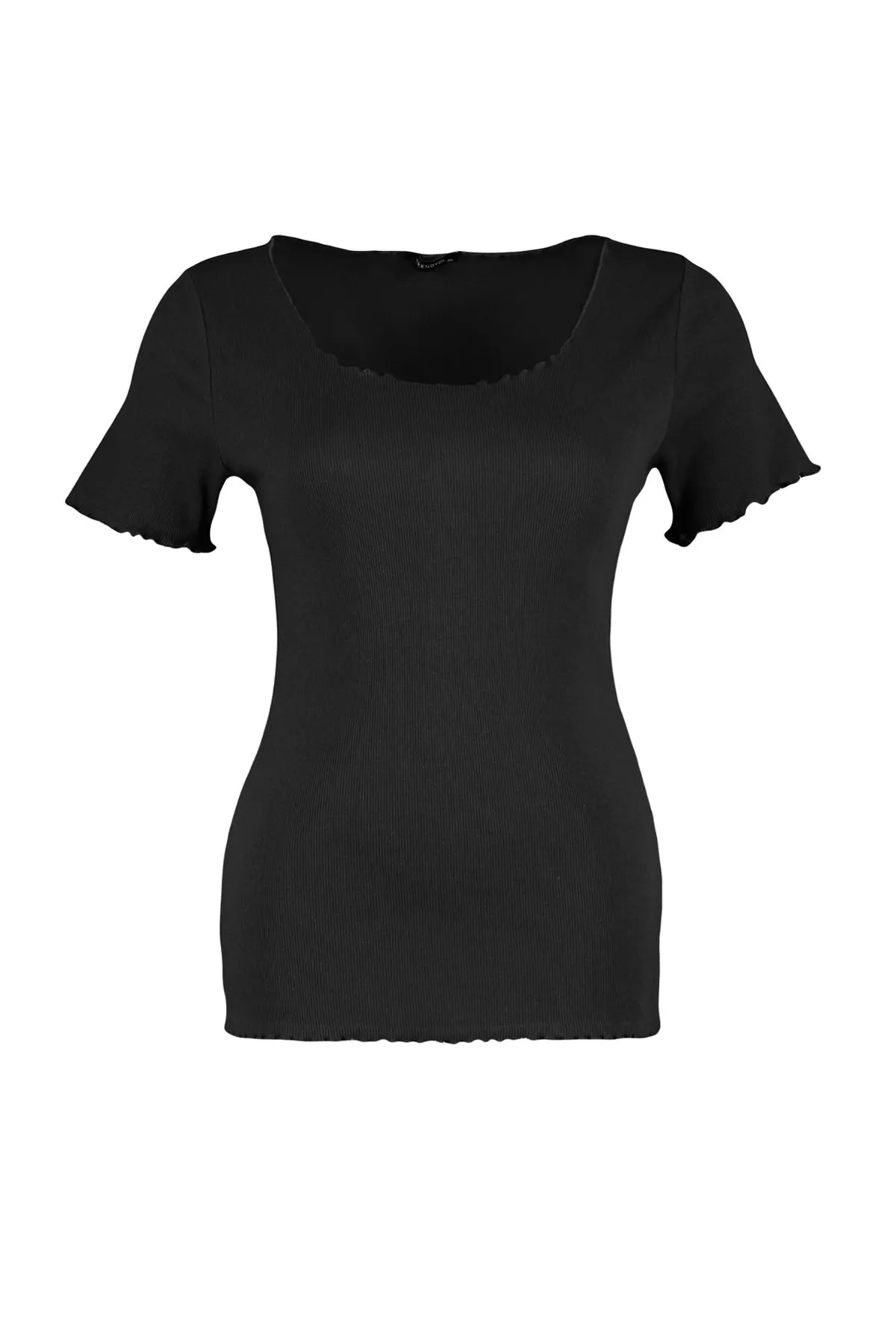 Trendyol Curve  Schwarzes, geripptes Strick-T-Shirt mit U-Ausschnitt TBBSS23BF00010