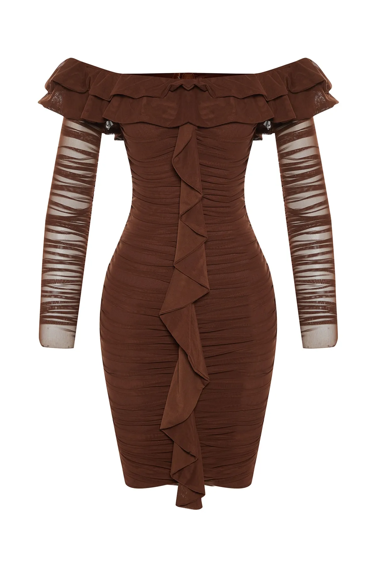 Trendyol Collection  Braunes, detailliertes Abendkleid mit Rüschen TPRAW23EL00066