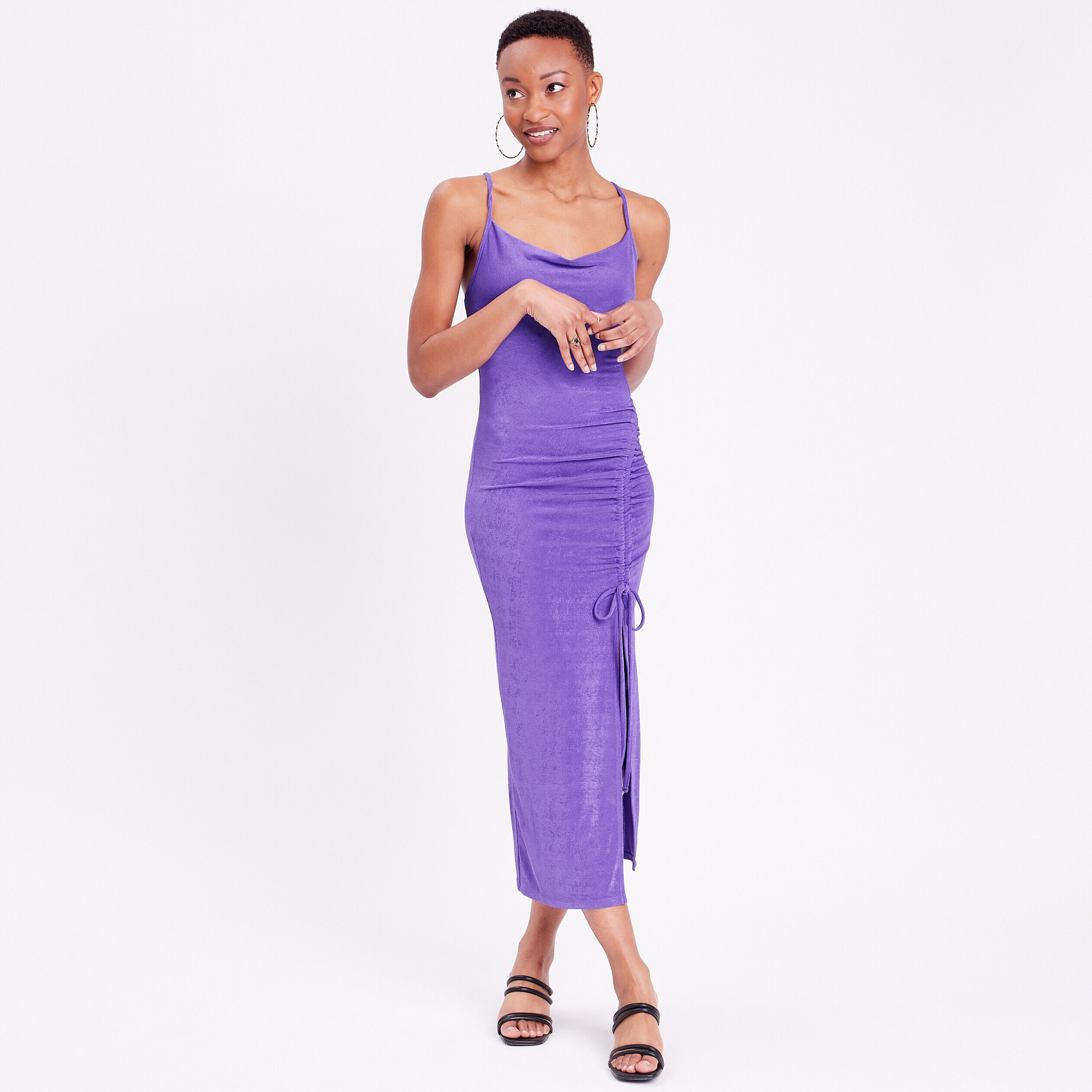 Robe longue ajustée satin violet foncé femme | Cache Cache