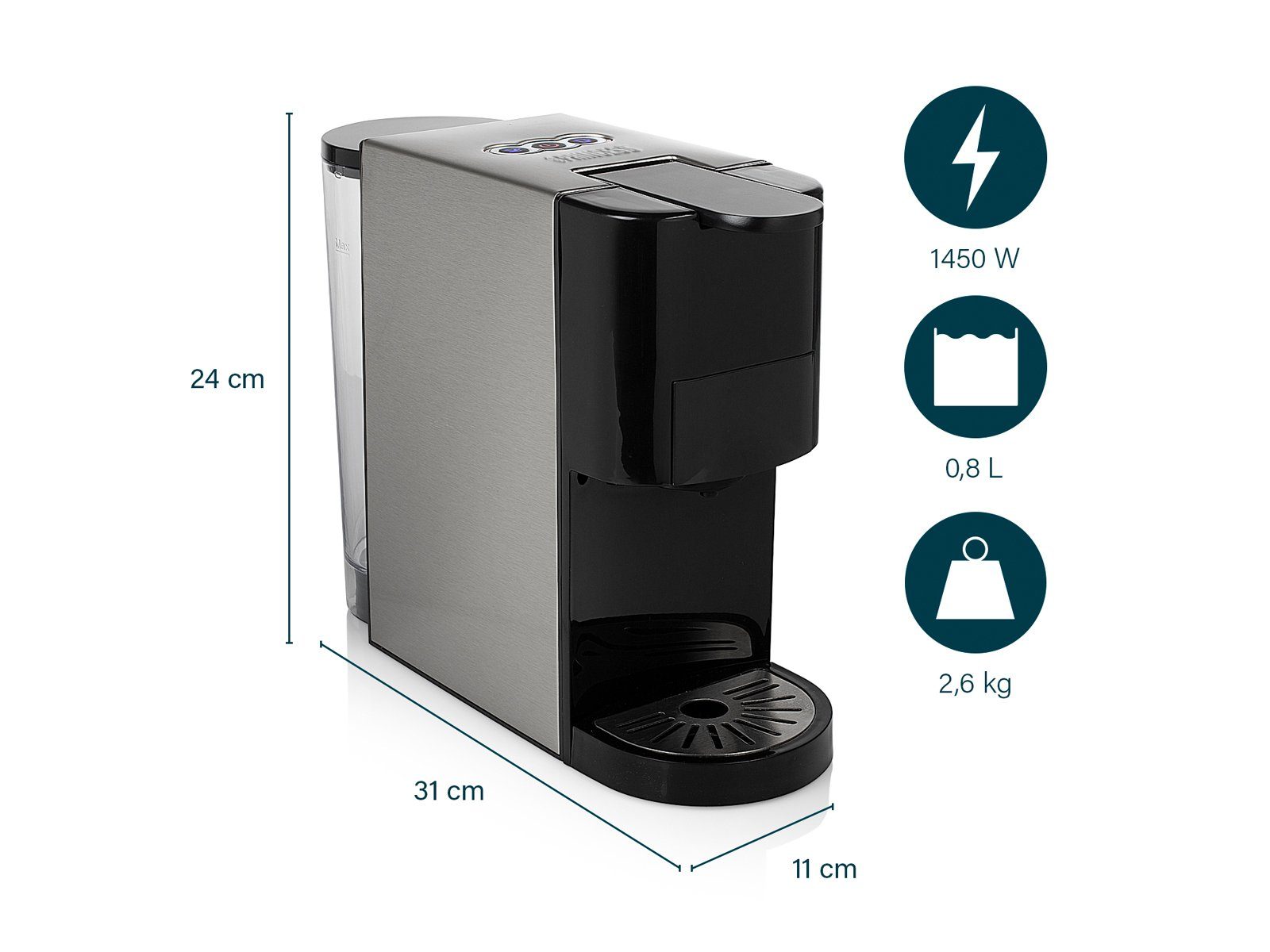 PRINCESS Kapselmaschine, 5in1 für Kaffee-Pulver Kapseln & ESE Pads kleine 1 Tassen Pad-Maschine
