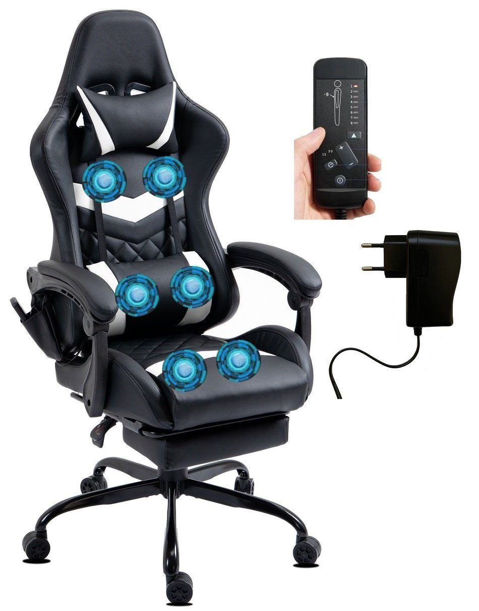 Delman Gaming-Stuhl Bürostuhl Chefsessel Massagefunktion mit 6 Vibrationspunkten, Drehstuhl, dicke Polsterung, Metallfußkreuz, Fußstütze 02-0037