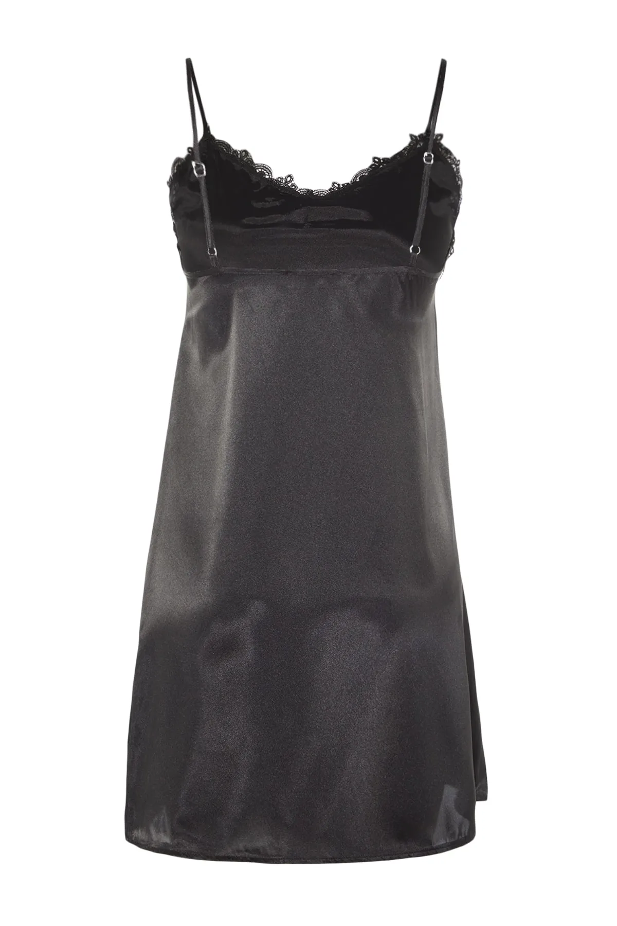 Trendyol Collection  Schwarzes Nachthemd aus gewebtem Satin mit gerüschten Seilträgern THMSS21GC0006