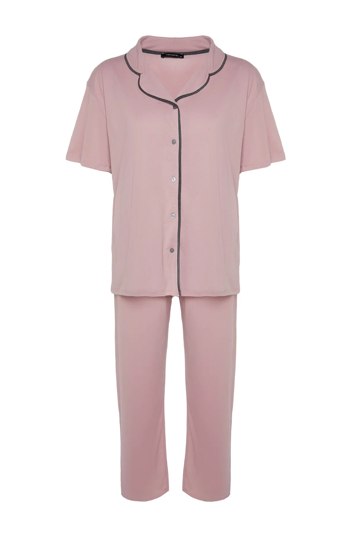 Trendyol Curve  Puderfarbenes Pyjama-Set mit gestrickter Paspelierung TBBSS22PT0220
