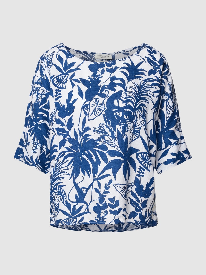 Blusenshirt aus Leinen mit Allover-Motiv-Print in marineblau