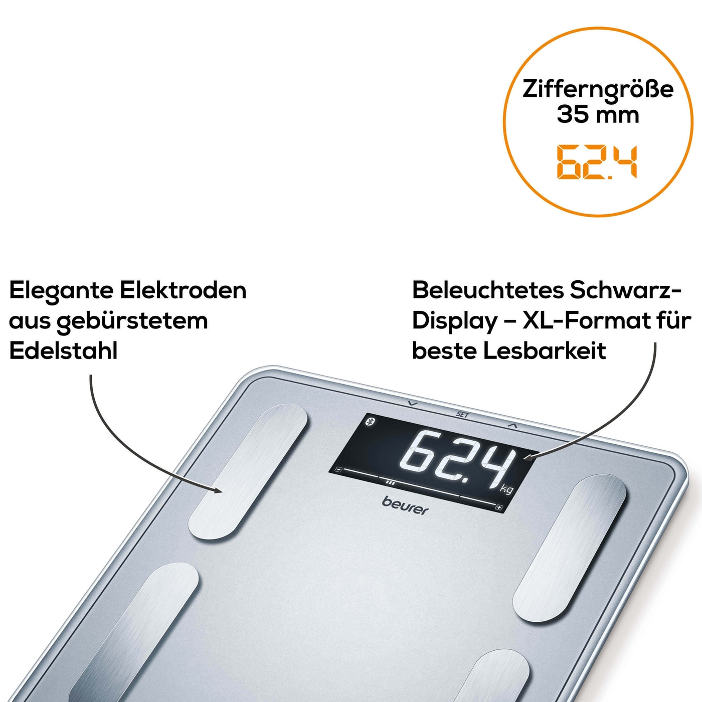 Beurer Diagnosewaage BF 405 Signature Line-Körperfettwaage mit Ganzkörperanalyse, Interpretation der Messwerte & App-Anbindung - bis 200 kg