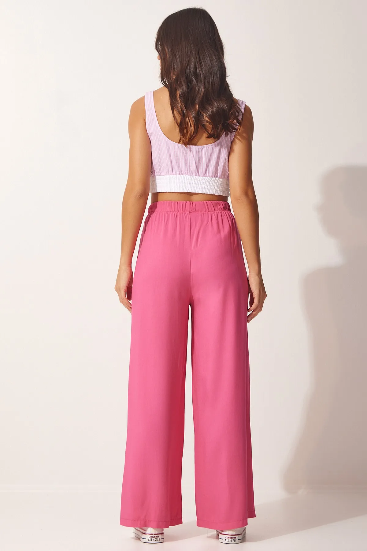 Happiness İstanbul  Rosafarbene Palazzo-Hose aus Baumwollviskose für Damen BV00076