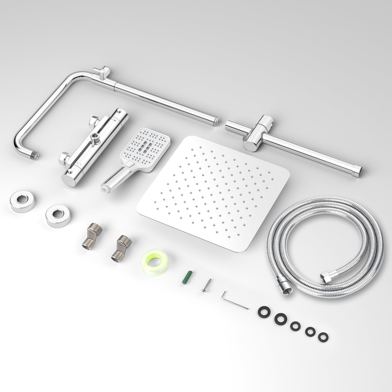 Rainsworth Duschsystem 3 Funktionen Duschsystem ohne Armatur, Höhe 126 cm, Set, Duschset Duschstangeset Duschsäuleset, eckig Regenduschset mit Kopfbrause 20x20cm für Badezimmer, Chrom