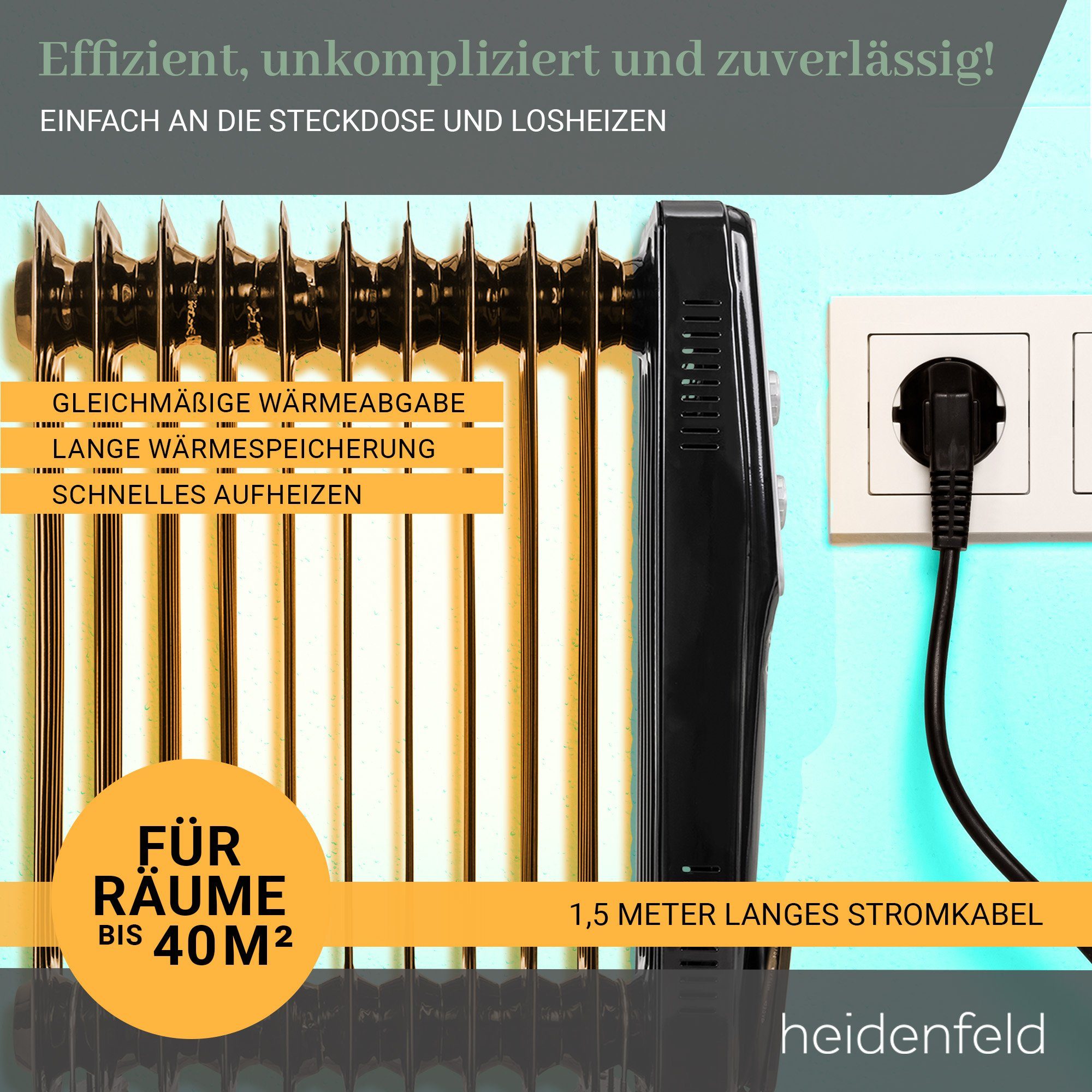 Heidenfeld Ölradiator Mobiler Elektro Heizkörper ÖR100 Heizung inkl. 3 J. Garantie, 2500 W, Thermostat - Heizstrahler - Elektroheizung - Heizlüfter