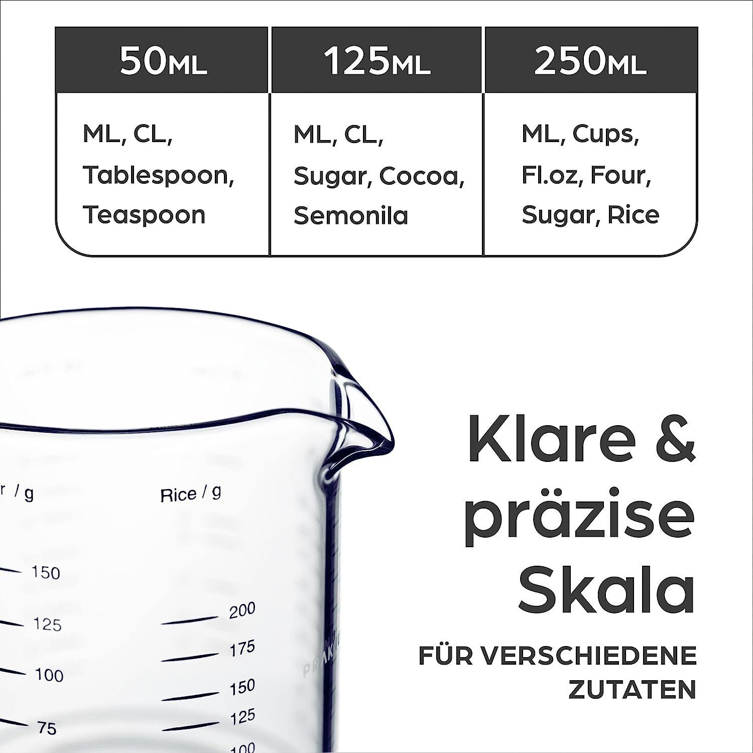 Praknu Messbecher Messbecher Set Glas 50/125/250ml, Borosilikatglas, (Set)
