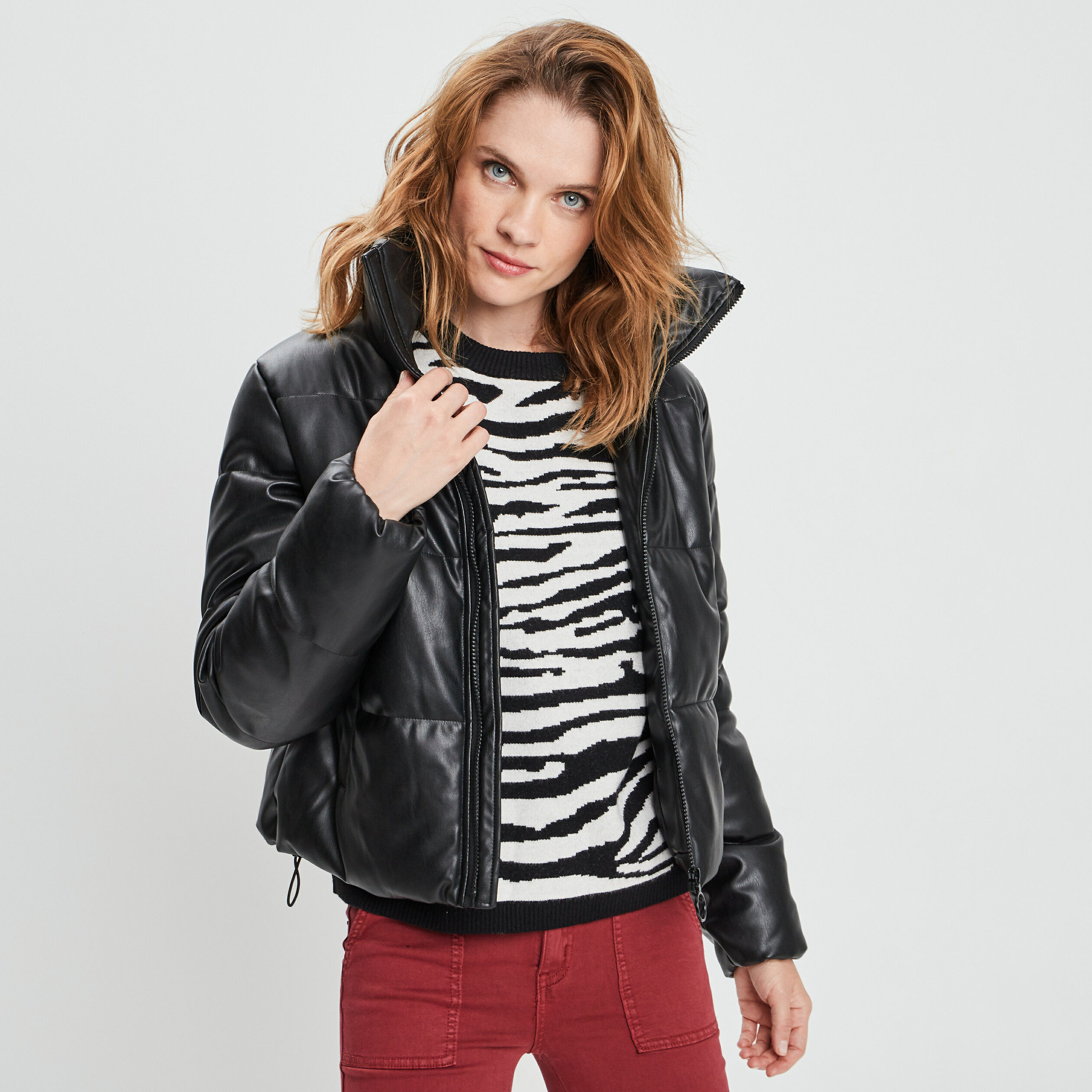 Doudoune droite simili cuir noir femme | La Halle