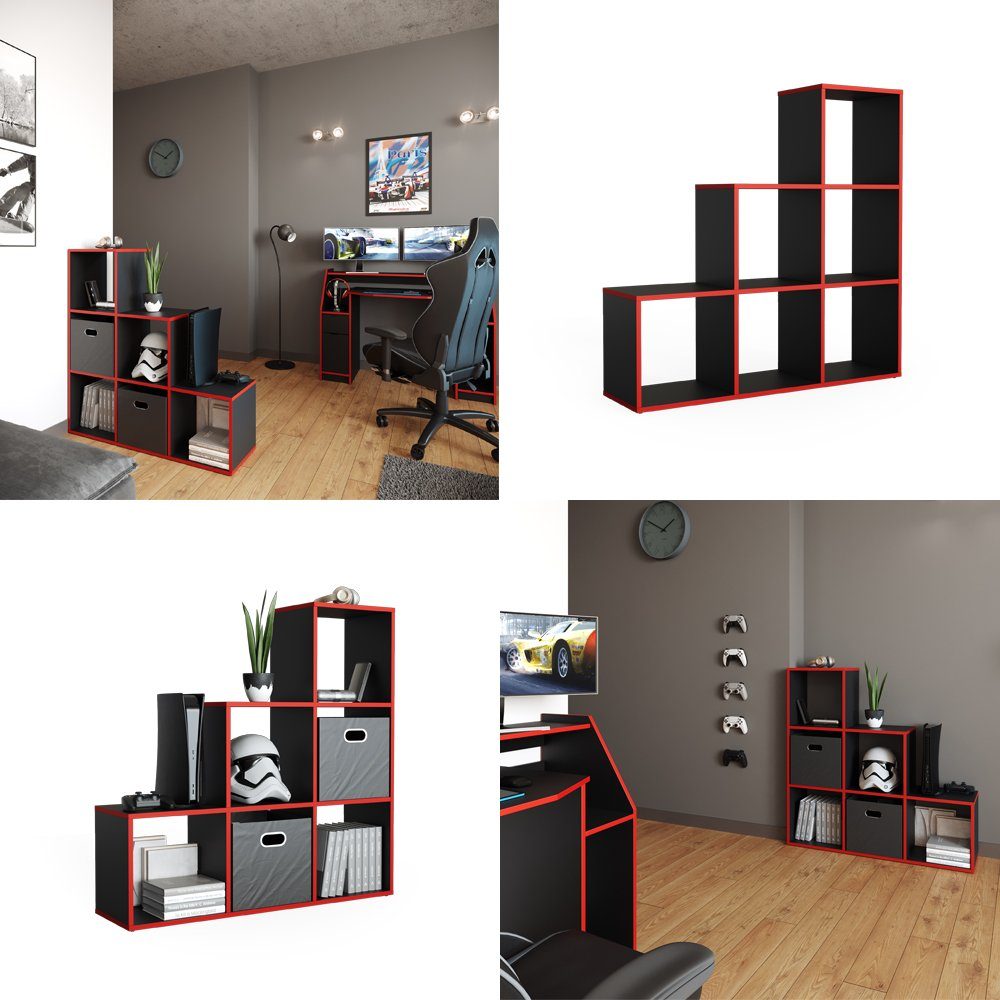 Vicco Raumteiler Treppenregal Stufenregal 6 Fächer Schwarz Rot