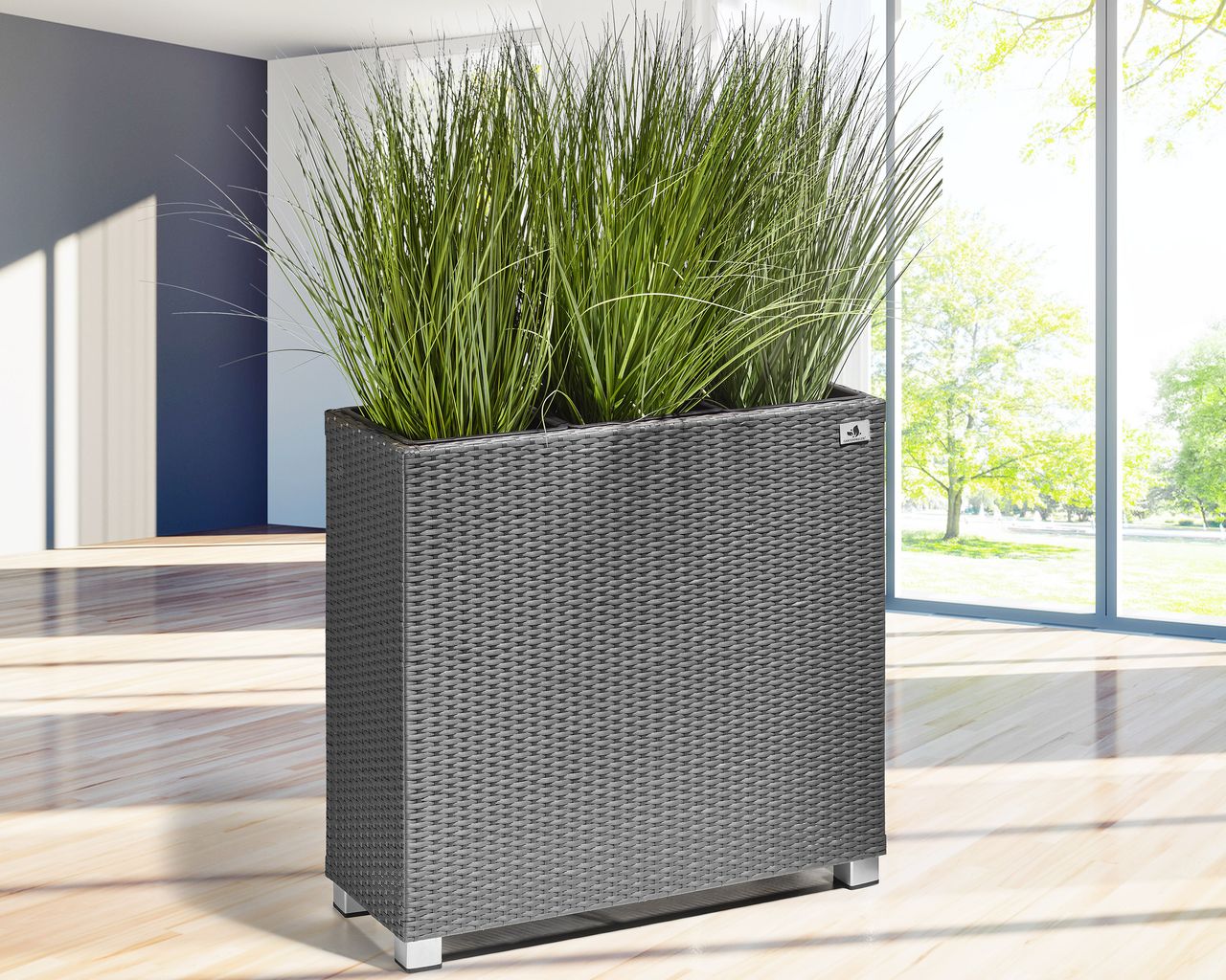 Weles Raumteiler Pflanzkübel Polyrattan 76x26x73cm, grau, 3x Kunststoff-Einsätze, mit Aluminiumfüßen