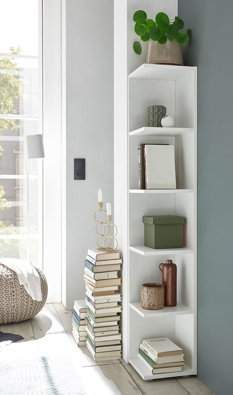 Eckregal CORNER LIGHT, H 142 cm, B 24 cm, 1-tlg., Weiß matt, 5 offene Fächer, zum Aufstellen und Hängen