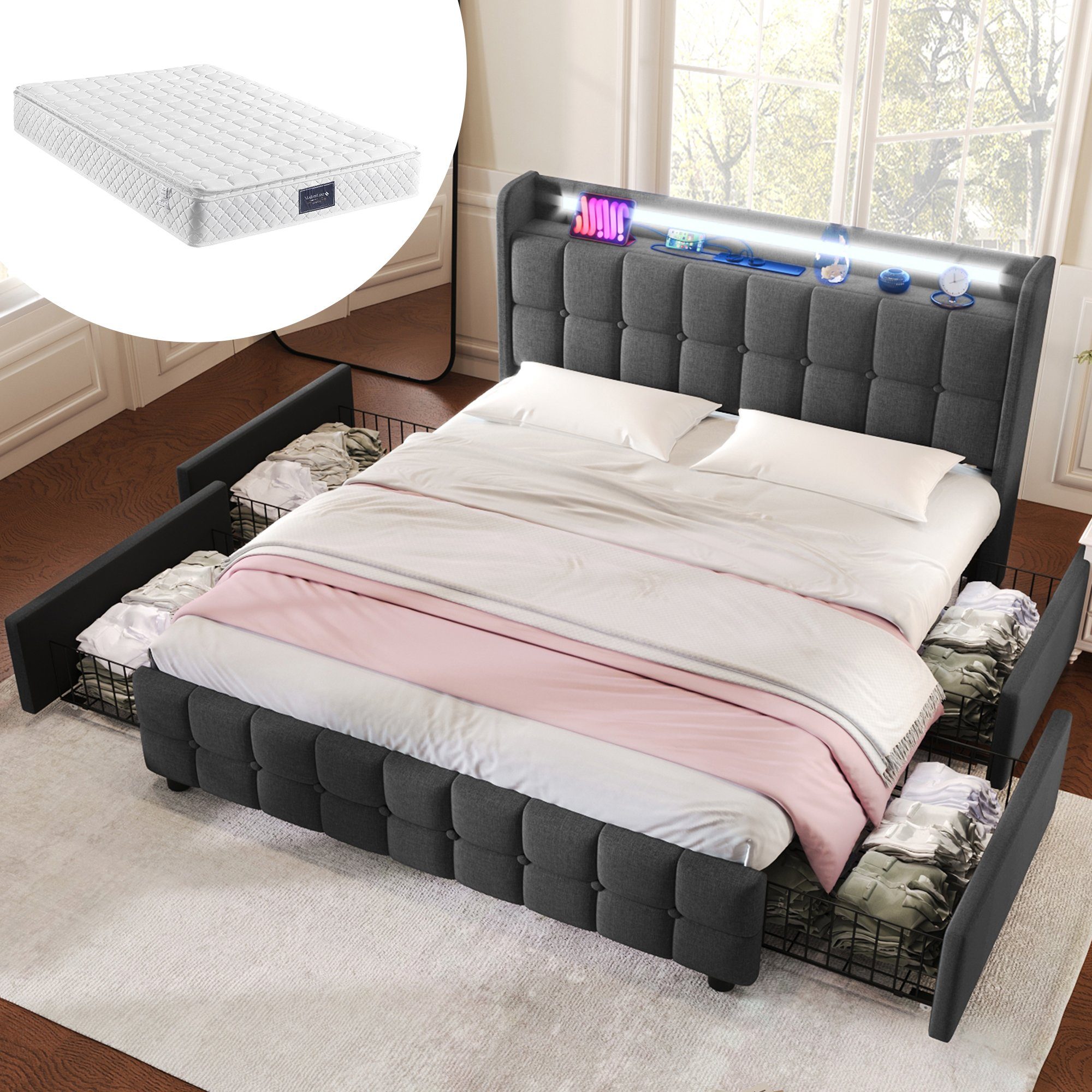 WISHDOR Polsterbett mit aufladen USB Ladefunktion Kopfteil (Mit LED-Beleuchtung und 4 Schubladen, 140x200cm Stauraumbetten Bettgestell (Mit Matratze)