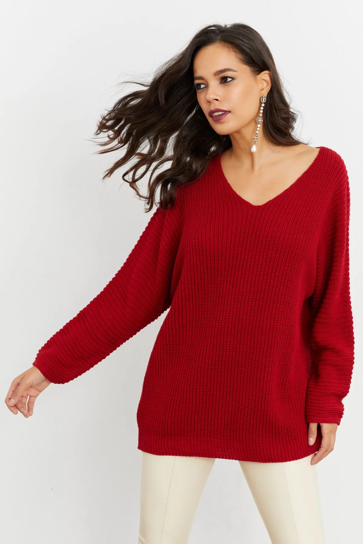 Cool & Sexy  Burgunderrote Damen-Stricktunika mit V-Ausschnitt, lockere Passform, SMT158