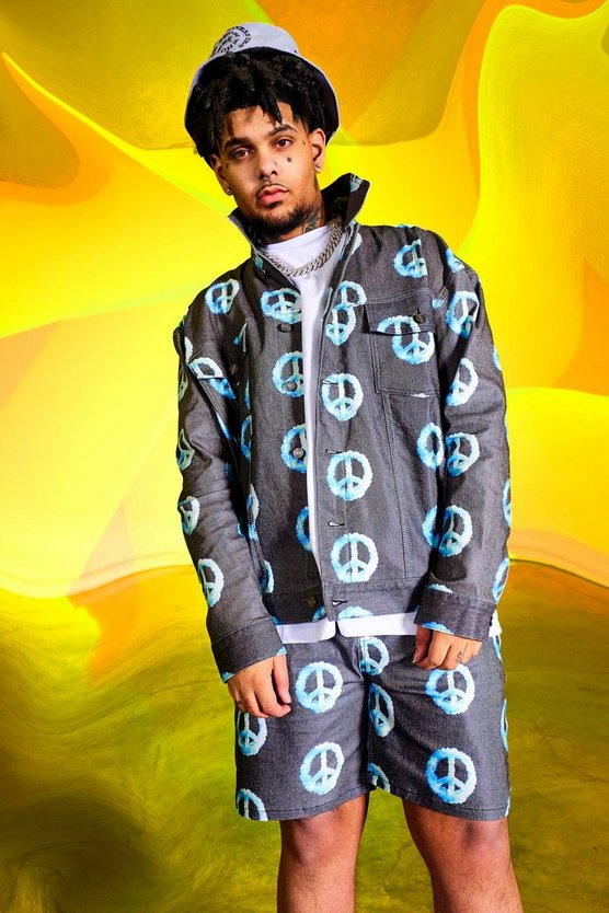 Oversize Jeansjacke mit blauen Peace-Print