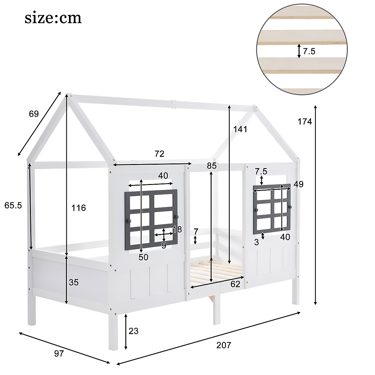 Hausbett 90x200 cm mit Rausfallschutz und Fenstern, Kinderbett Kiefer