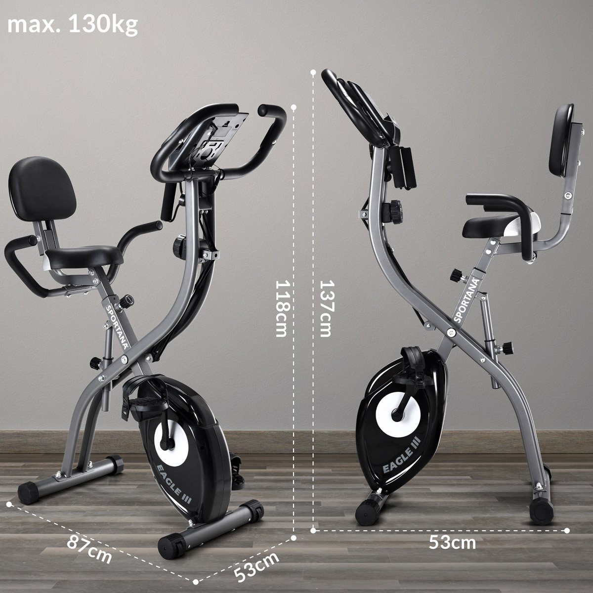 Sportana Heimtrainer, Heimtrainer Eagle 3 klappbar 10 Stufen Pulssensoren 2 Fitnessbänder