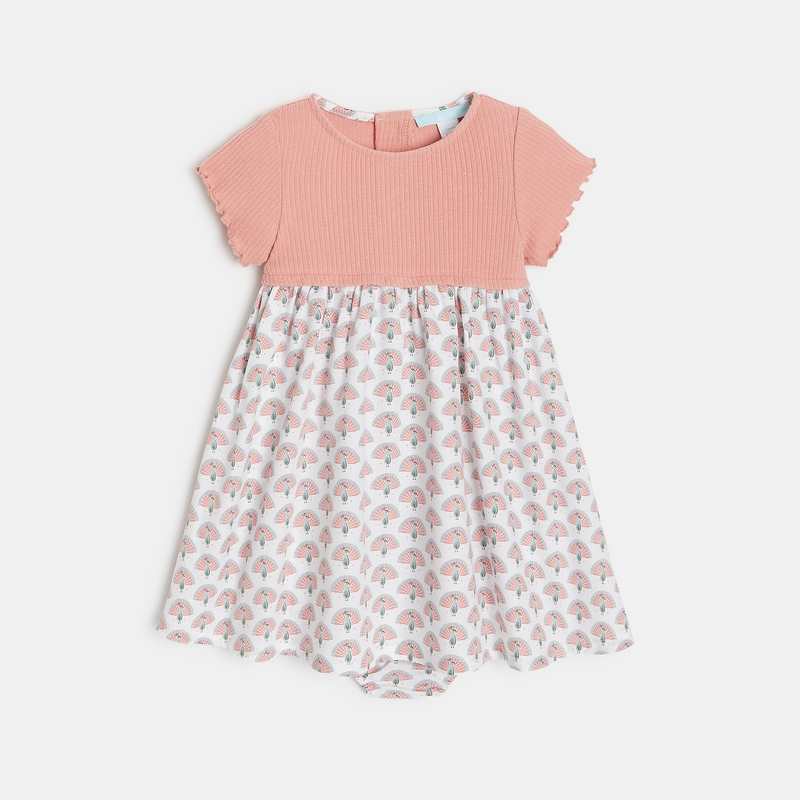 Robe bi-matière imprimée paons rose bébé fille