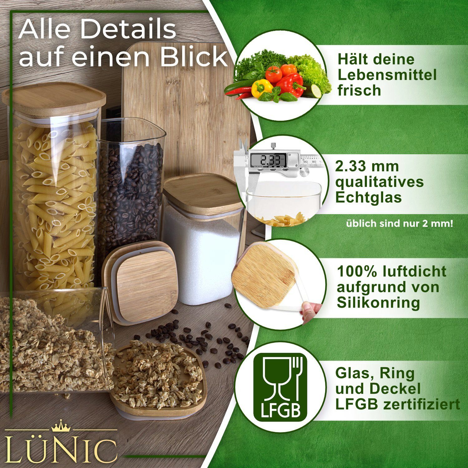 LÜNIC Vorratsglas Vorratsbehälter Glasbehälter Vorratsdosen, Borosilikatglas, Holz, Silikon, (4-tlg), mit Bambusdeckel, eckig