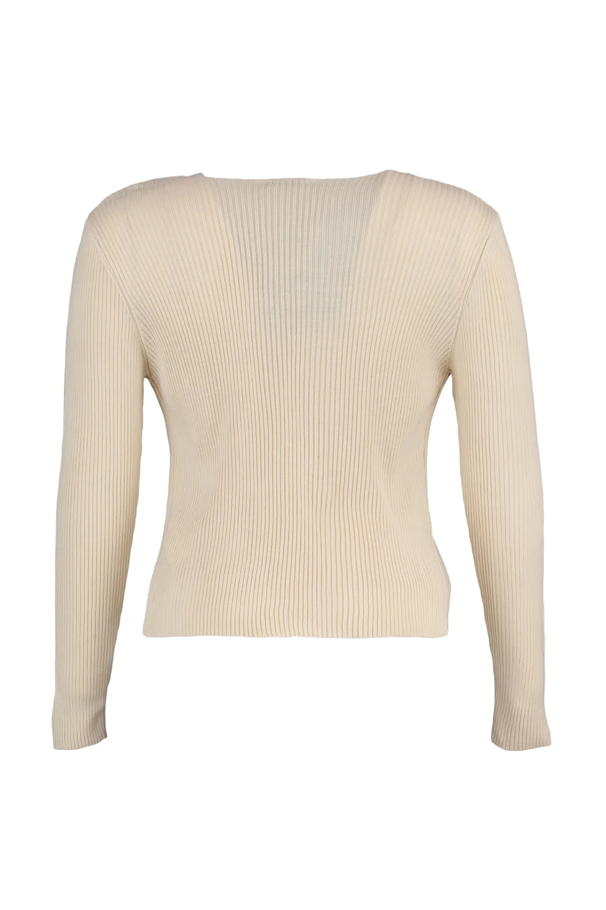 Trendyol Curve  Beigefarbenes Set aus Feinstrick-Cardigan und Unterhemd mit Krawatte und V-Ausschnitt