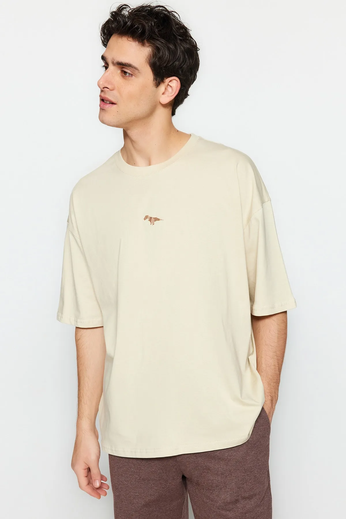 Trendyol Collection  Stone Oversize Fit Rundhals-Kurzarm-T-Shirt mit Dinosaurier-Stickerei TMNSS23TS00243