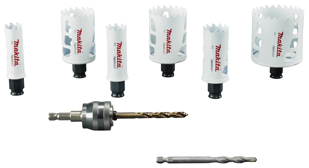 Conjunto de serras copo Makita E-14261 com 8 peças, medidas 22 - 25 - 32 - 44 - 51 - 68 mm, para madeira/metal/pedra, sistema Ezychange, estojo incluso.