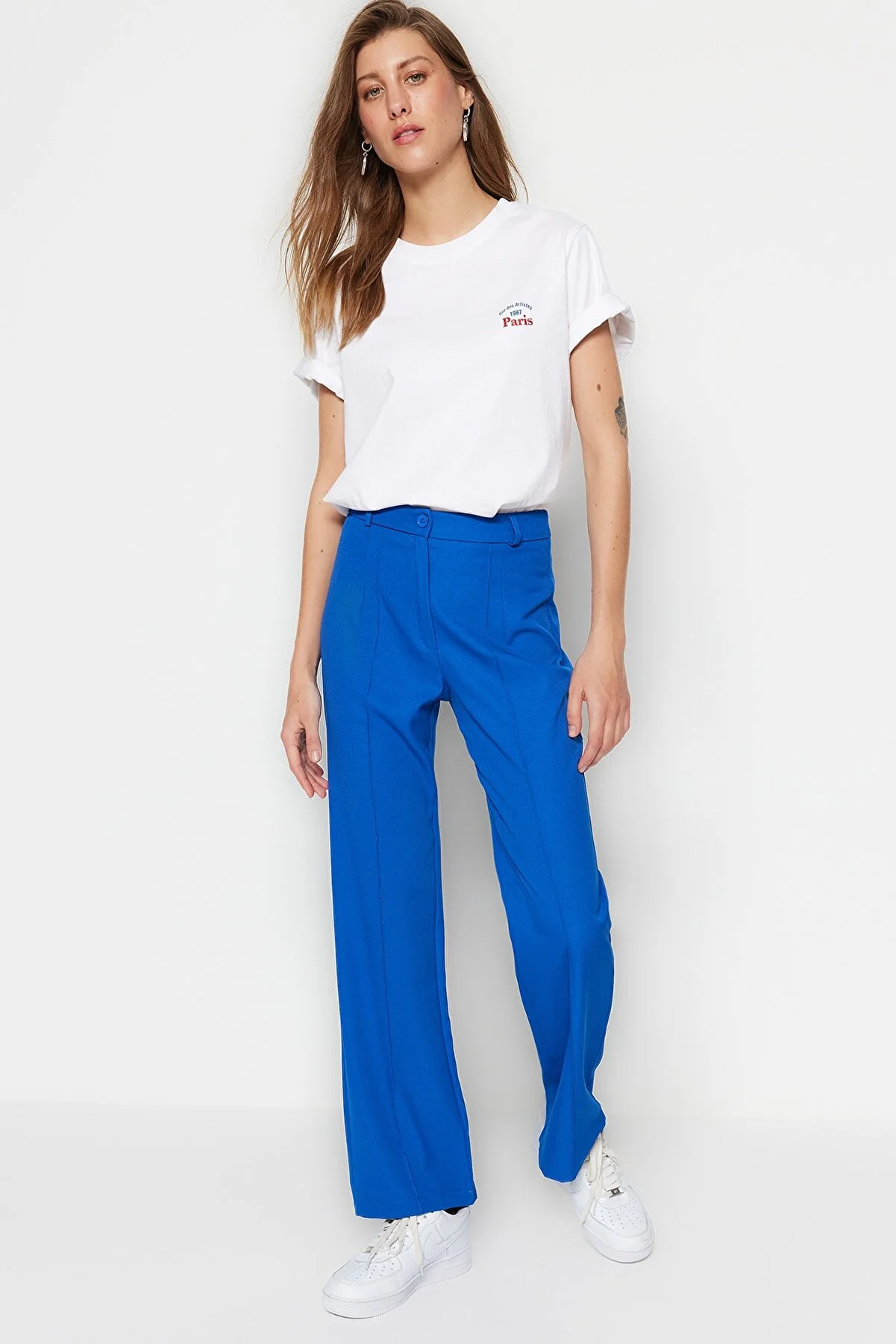 Trendyol Collection  Saks gerade/gerade geschnittene, gewebte Hose mit hoher Taille und gerippten Nähten TWOSS21PL0093