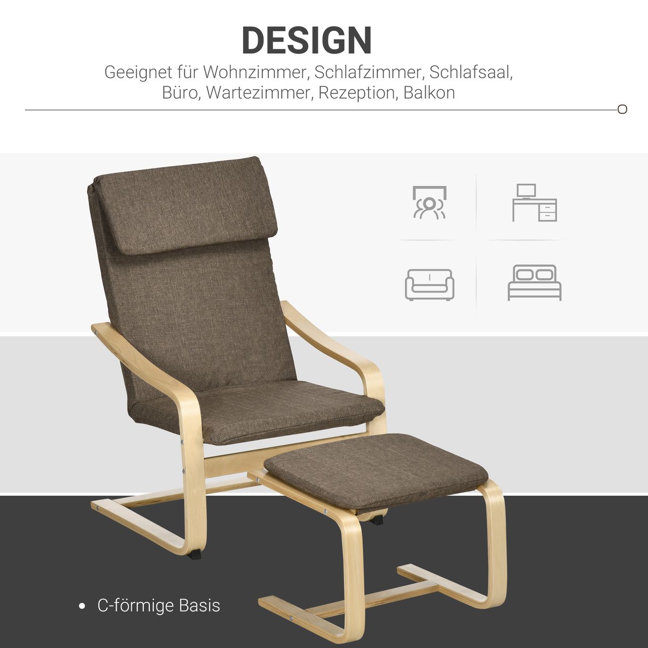 HOMCOM Relaxsessel mit Fußhocker Armlehnensessel Leinenbezug Holzgestell Braun