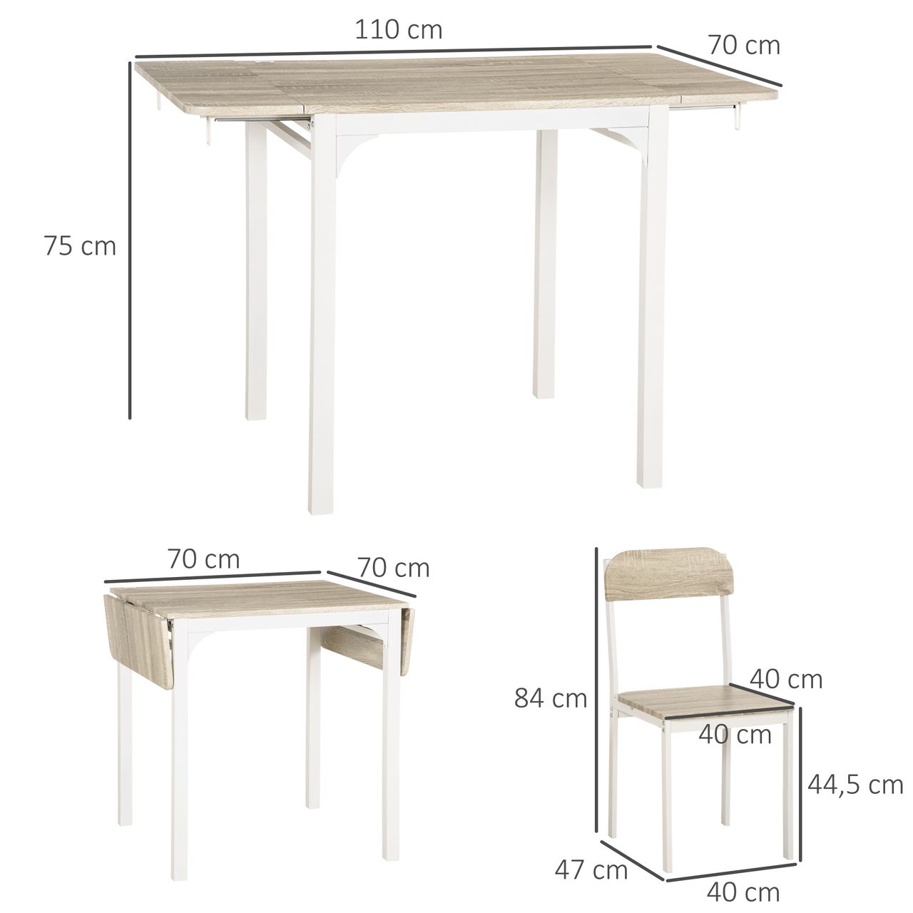 HOMCOM 3 TLG Esszimmergruppe Essgruppe mit 2 Stühlen und 1 Tisch Esstisch Set mit Klappbarer Tischplatte für Küche kleine Raume Stahl MDF Natur Weiß 110 x 70 x 75 cm
