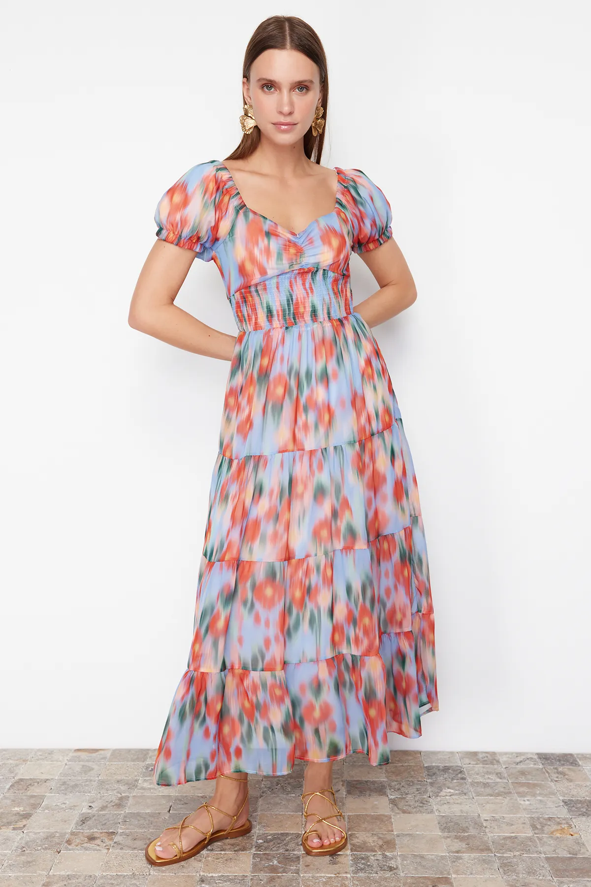 Trendyol Collection  Blauer Blumendruck - Gipe Detailliertes A-Linien-Maxikleid TWOSS24EL00807