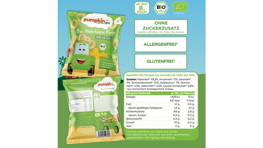 pumpkin organics Bio Mehrkorn Ringe mit Apfel & Zimt 20 g