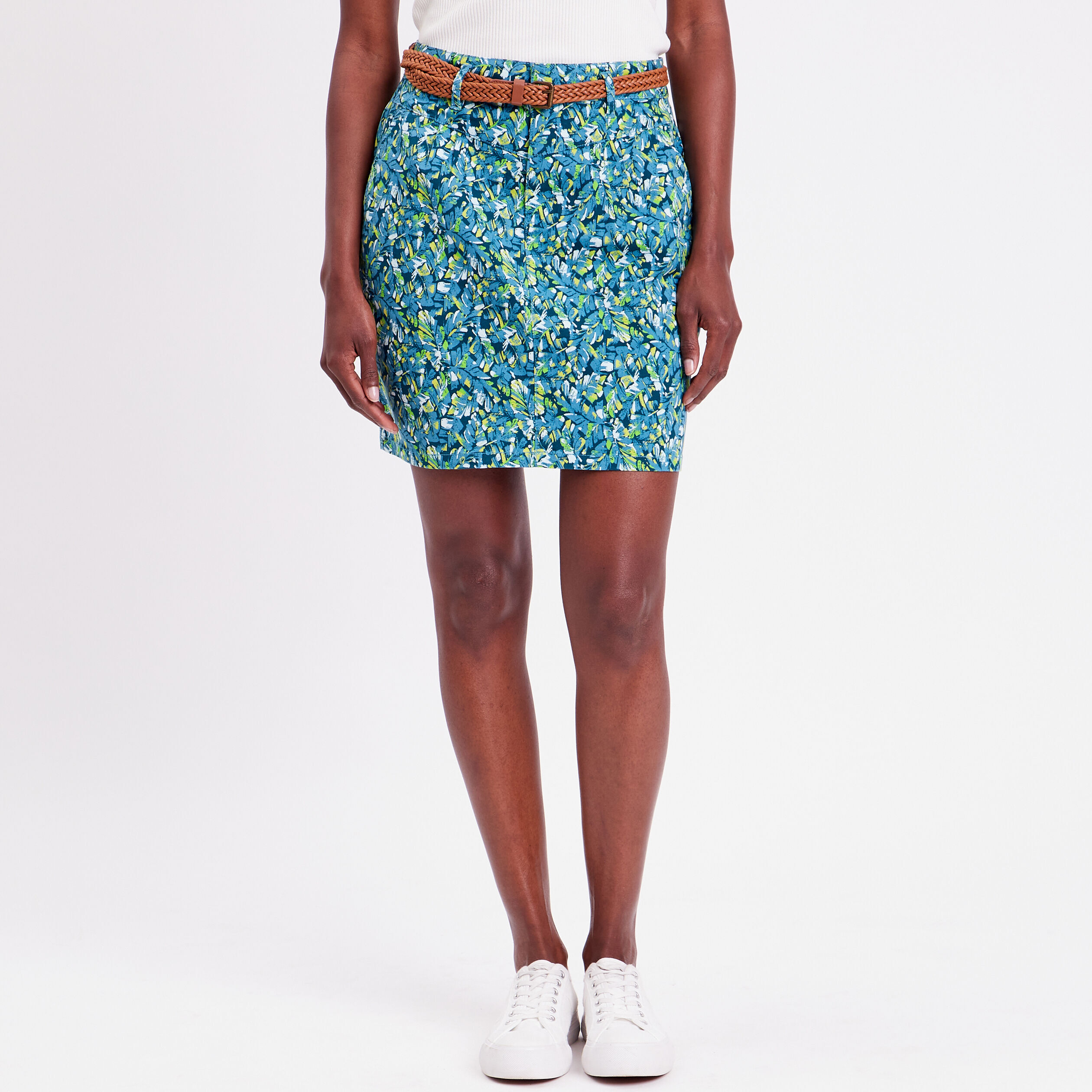 Jupe chino droite ceinturée bleu femme | Cache Cache